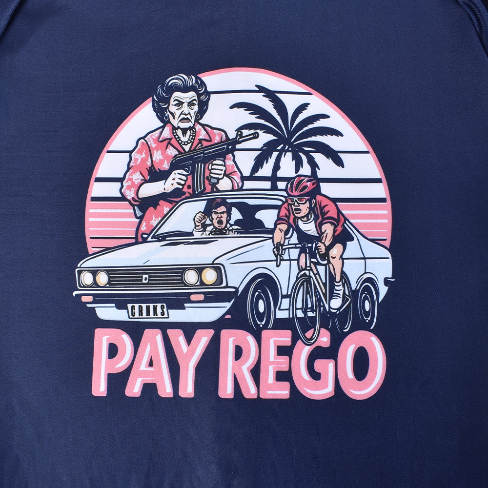 C&C Pay Rego Jersey graphic: Woman with gun, car driver, cyclist, tropical sunset, pink & white.