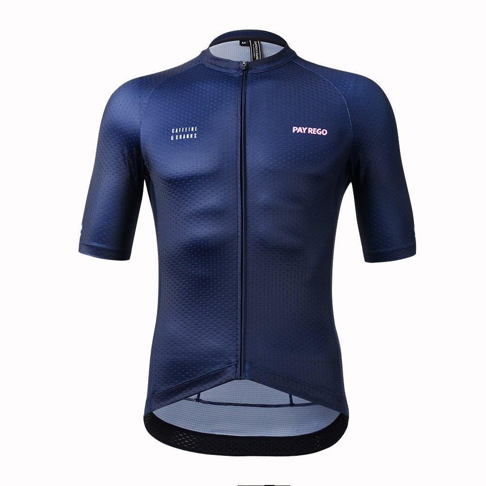 Front view of C&C Pay Rego jersey. Navy blue with pink "Pay Rego" logo.