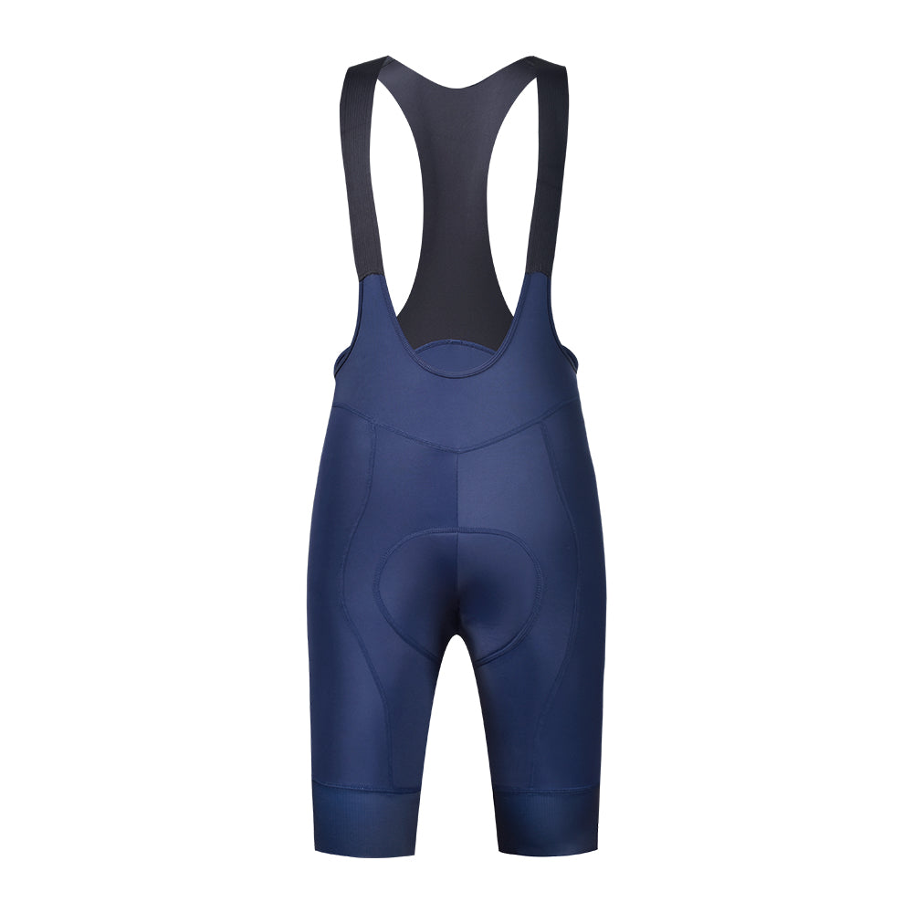 Back view of women's navy bib shorts with black straps and padded bottom.