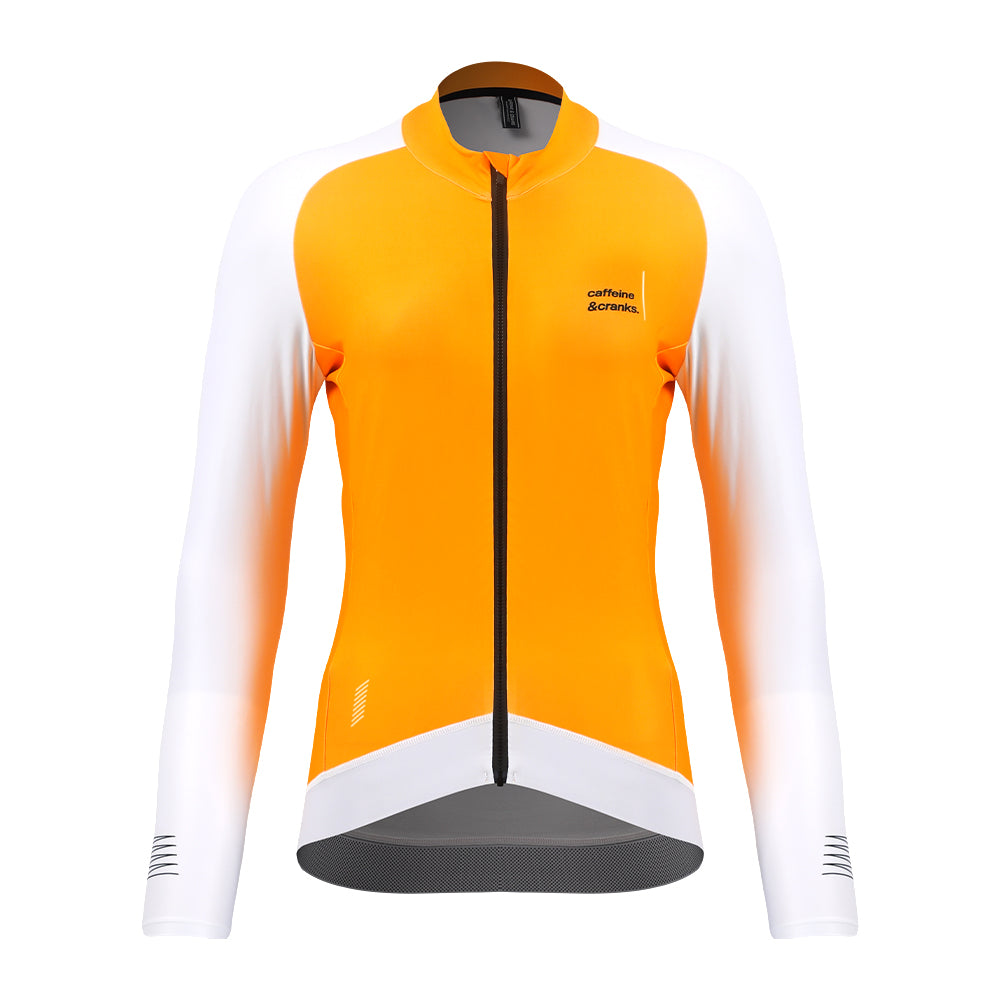 Front view of womens' Pinnacle Thermal Jersey in solarflare orange & white, with full zip.