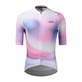 Front view of C&C Drift Jersey for women, with pink, blue, & white abstract print and short sleeves.