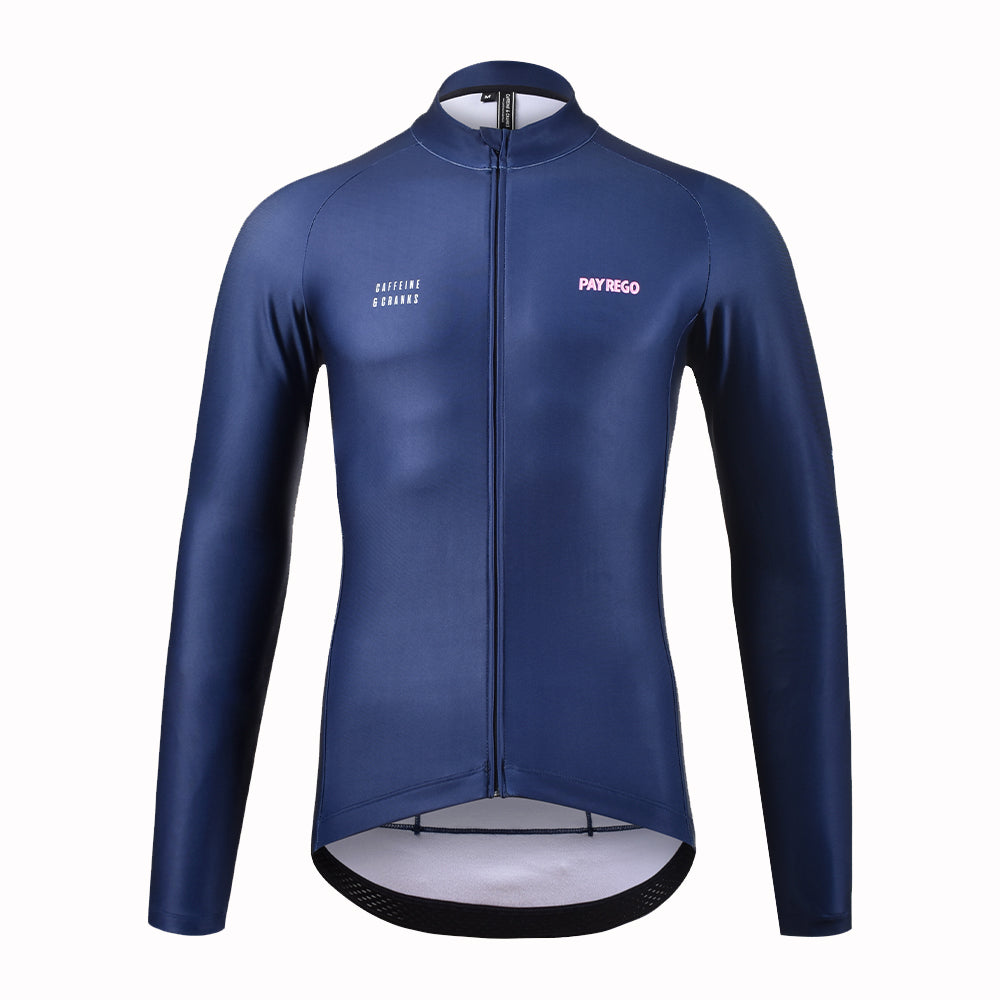 Front view of a navy blue C&C Pay Rego thermal cycling jersey with pink logo details.