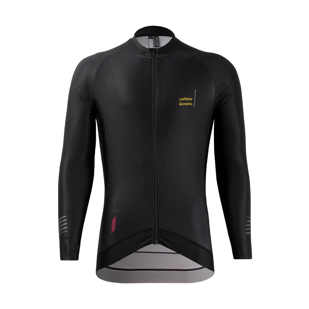 Mens' black Pinnacle Thermal Jersey, with yellow logo & pink/grey accents on sleeves.