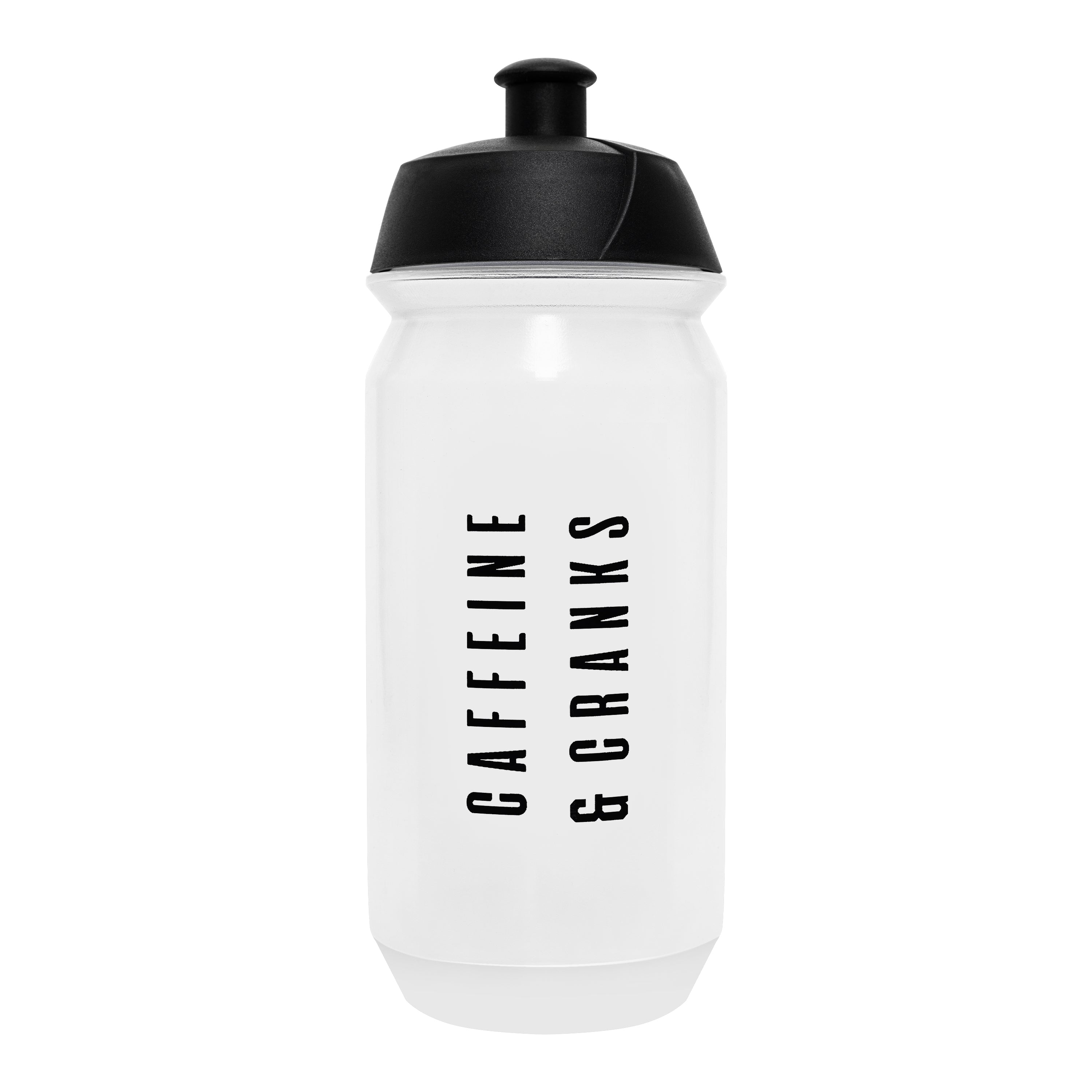EDITION.02 Bidon: A white water bottle with a black lid and "CAFFEINE & CRANKS" text.