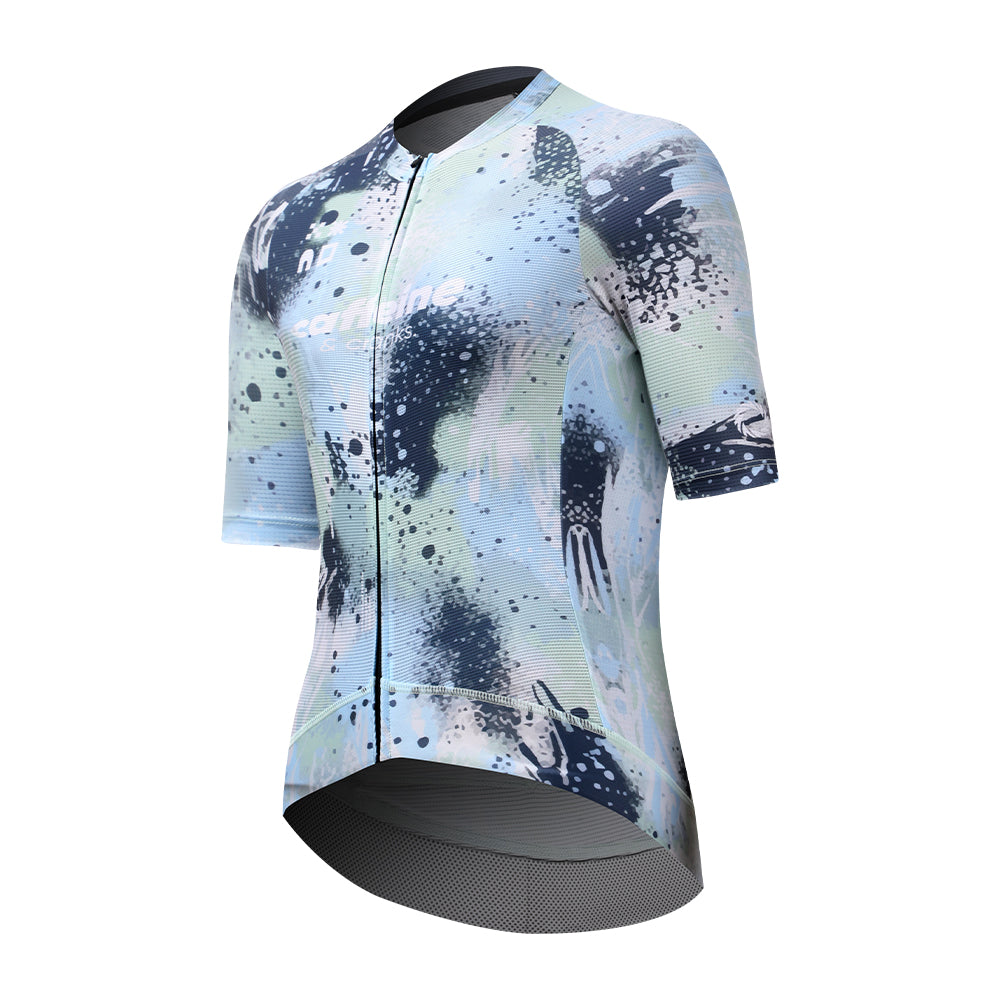 C&C Overspray Jersey - Womens, abstract blue, green, & navy print, short sleeves, zipped front.