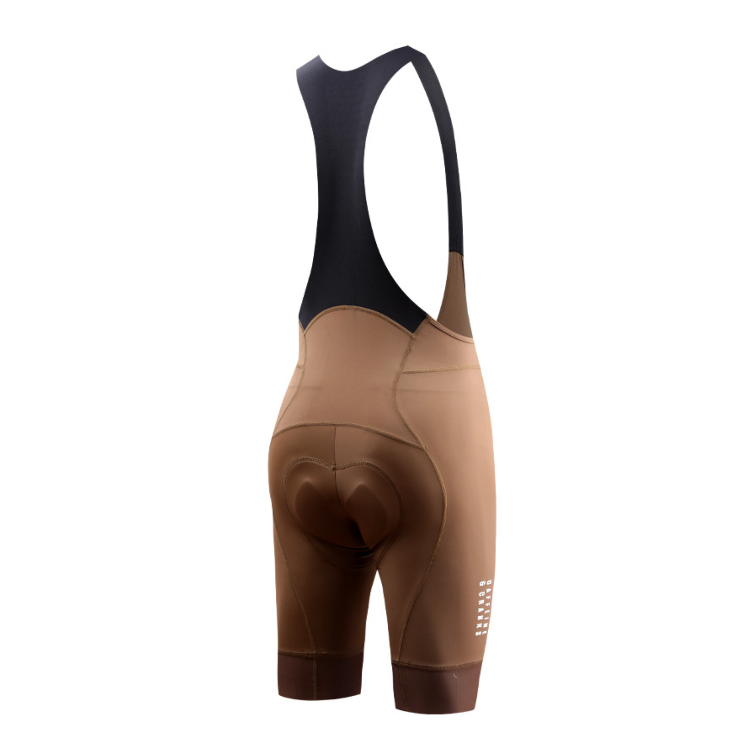 Back view of mocha Core Bib Shorts for men. Features black straps & padding.