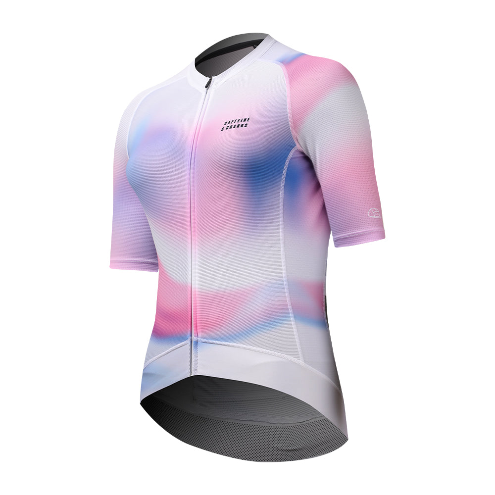 Women's C&C Drift Jersey with pink, purple, and blue abstract print and a white zipper.