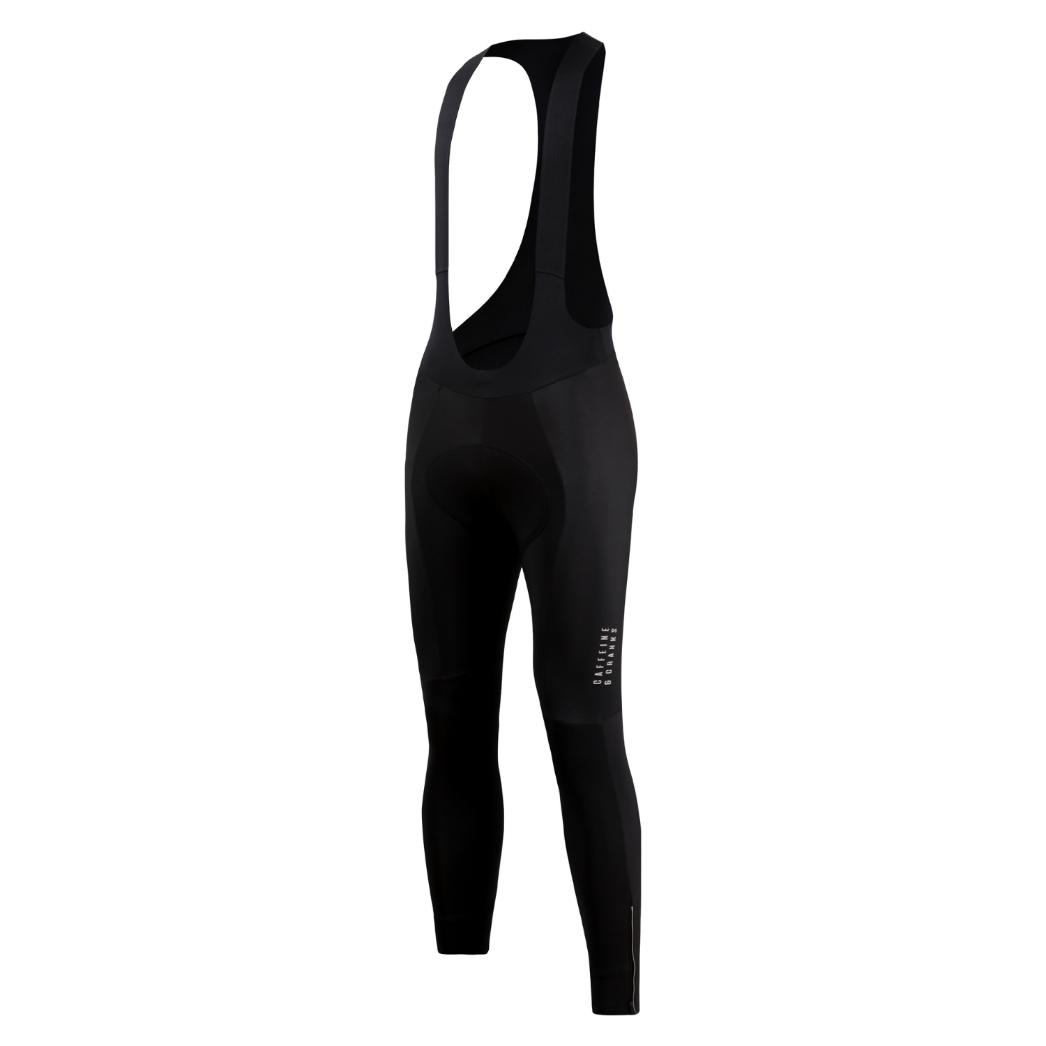 Women's black thermal cycling bib tights, side view, with reflective logo and ankle zips.