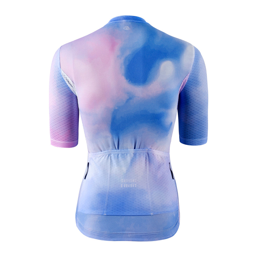 Back view of C&C Coral Jersey in pink, blue, and purple tie-dye pattern.