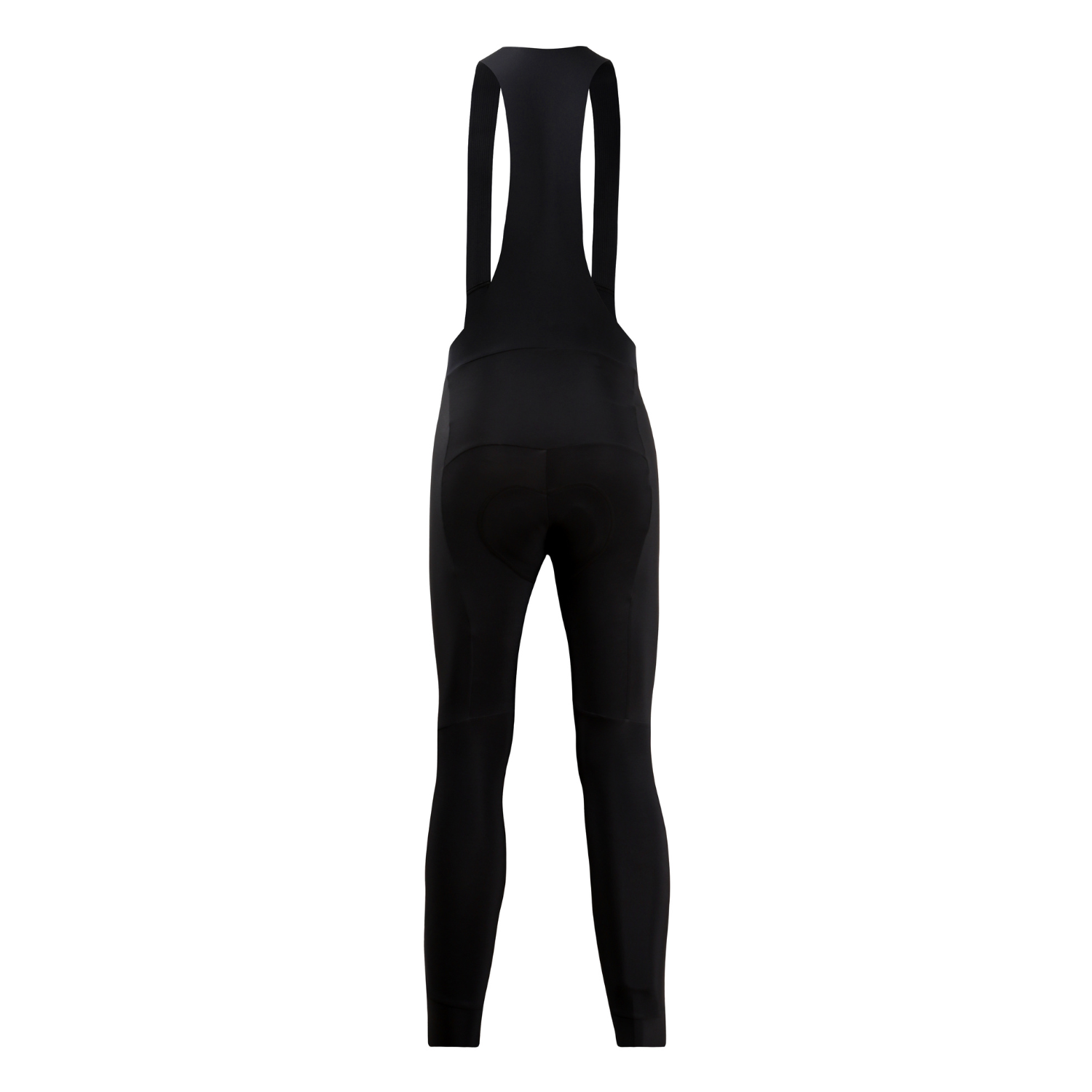 Back view of women's black thermal bib tights with padded crotch.