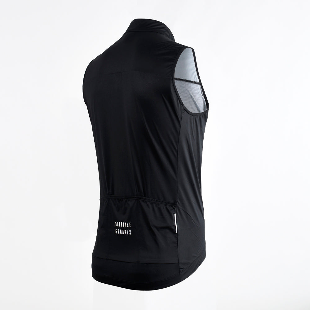Back view of C&C Core Gilet in black with mesh armholes and white logo.