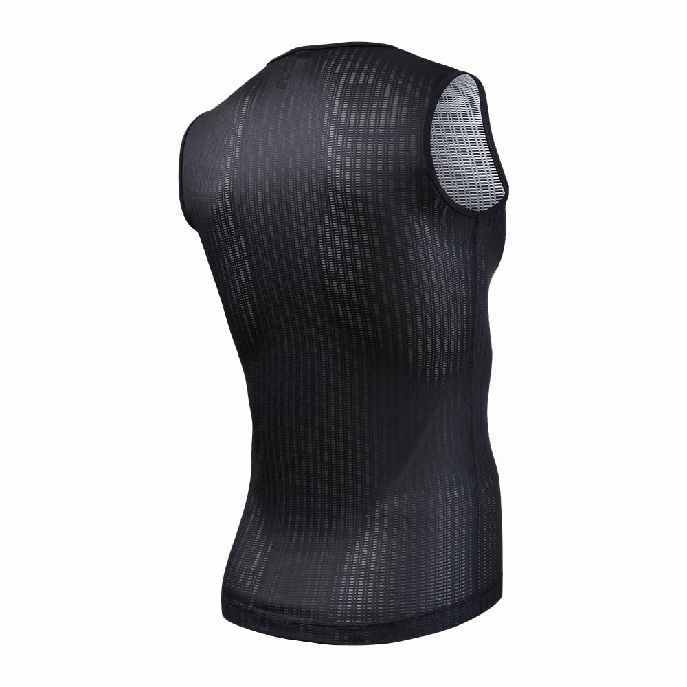 3/4 back view of black mesh C&C Core Baselayer women's sleeveless top. Mesh fabric.