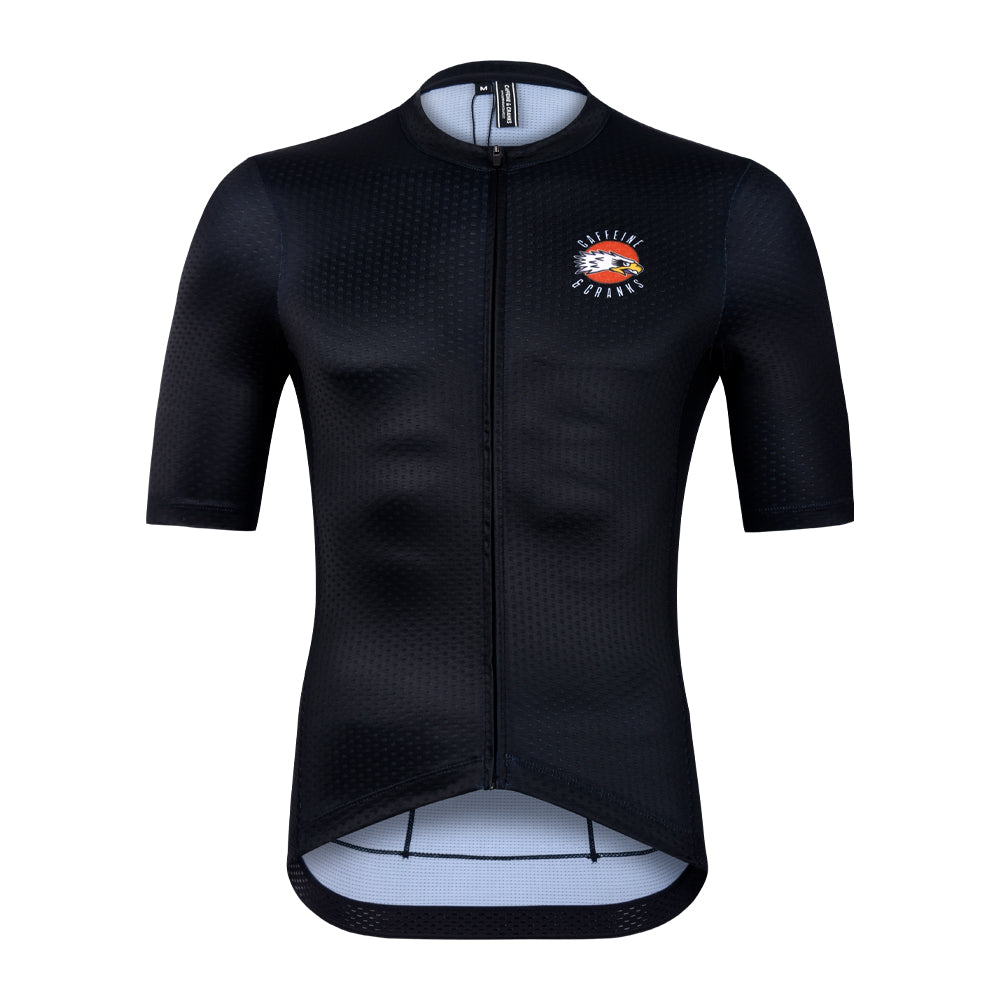 Front view of C&C Tattoo Series men's black jersey with eagle logo.