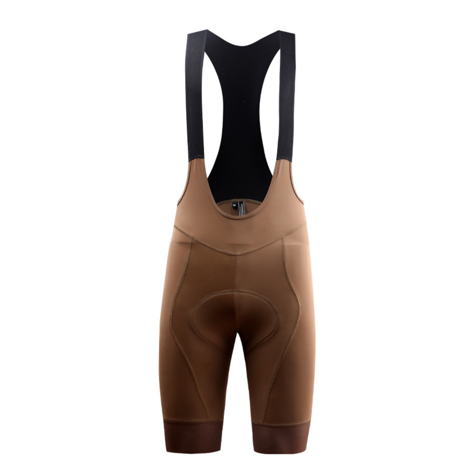 Front view of women's mocha Core Bib Shorts with black straps and padded chamois.