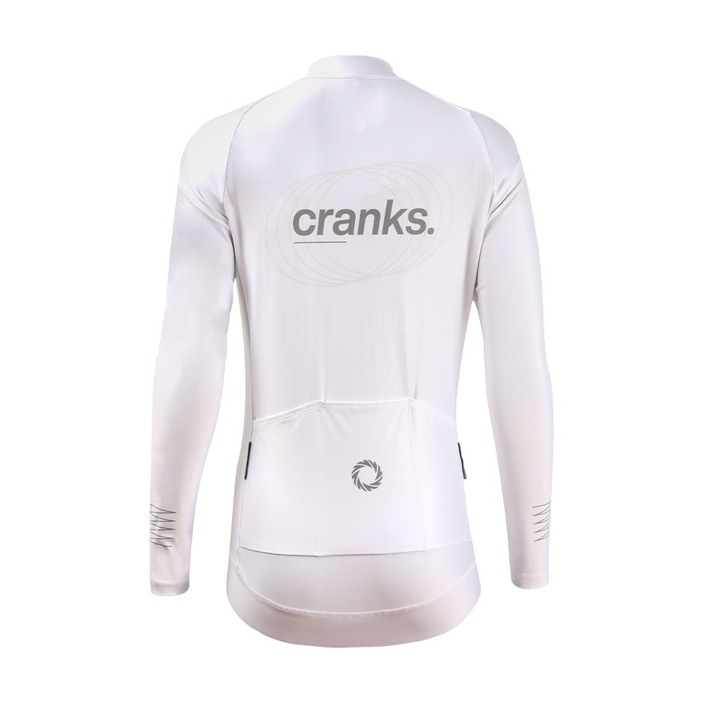 Back view: Women's white Pinnacle Thermal Jersey with grey logo and reflective details.