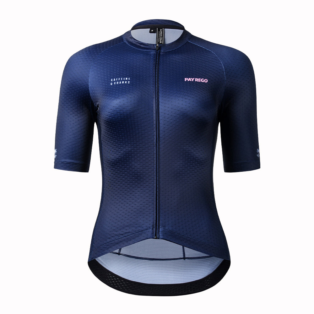 Front view of a women's navy blue C&C Pay Rego cycling jersey with pink logo.