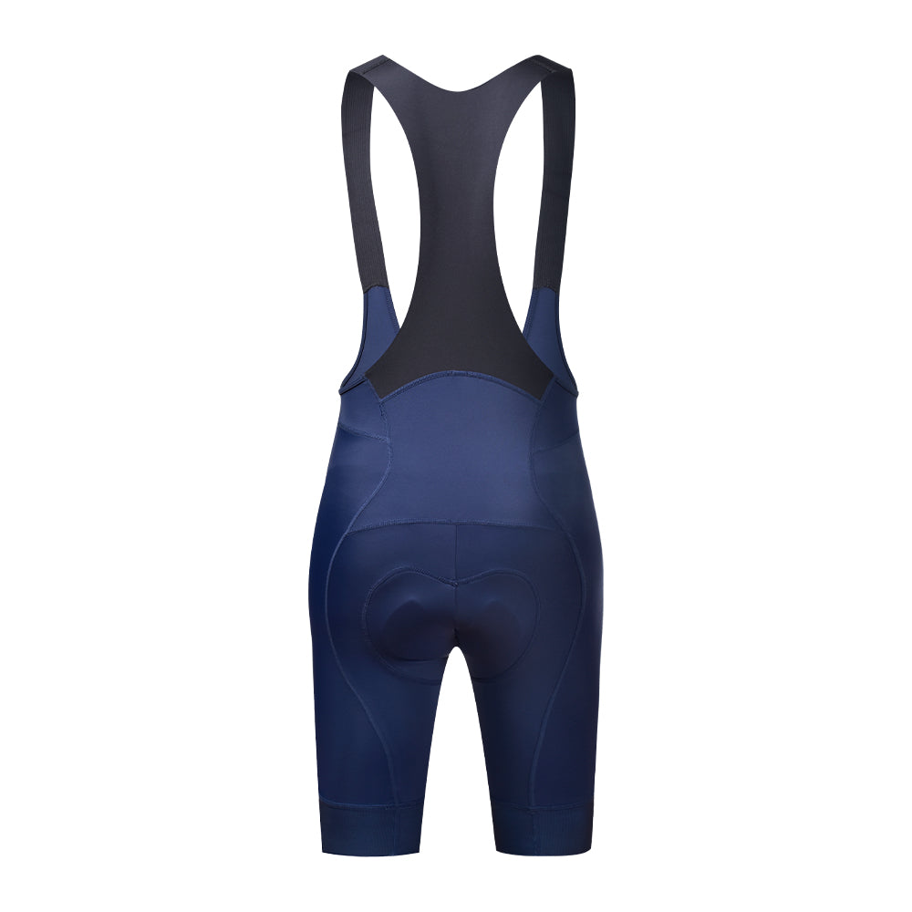 Back view of navy blue women's Core Bib Shorts with padded seat.
