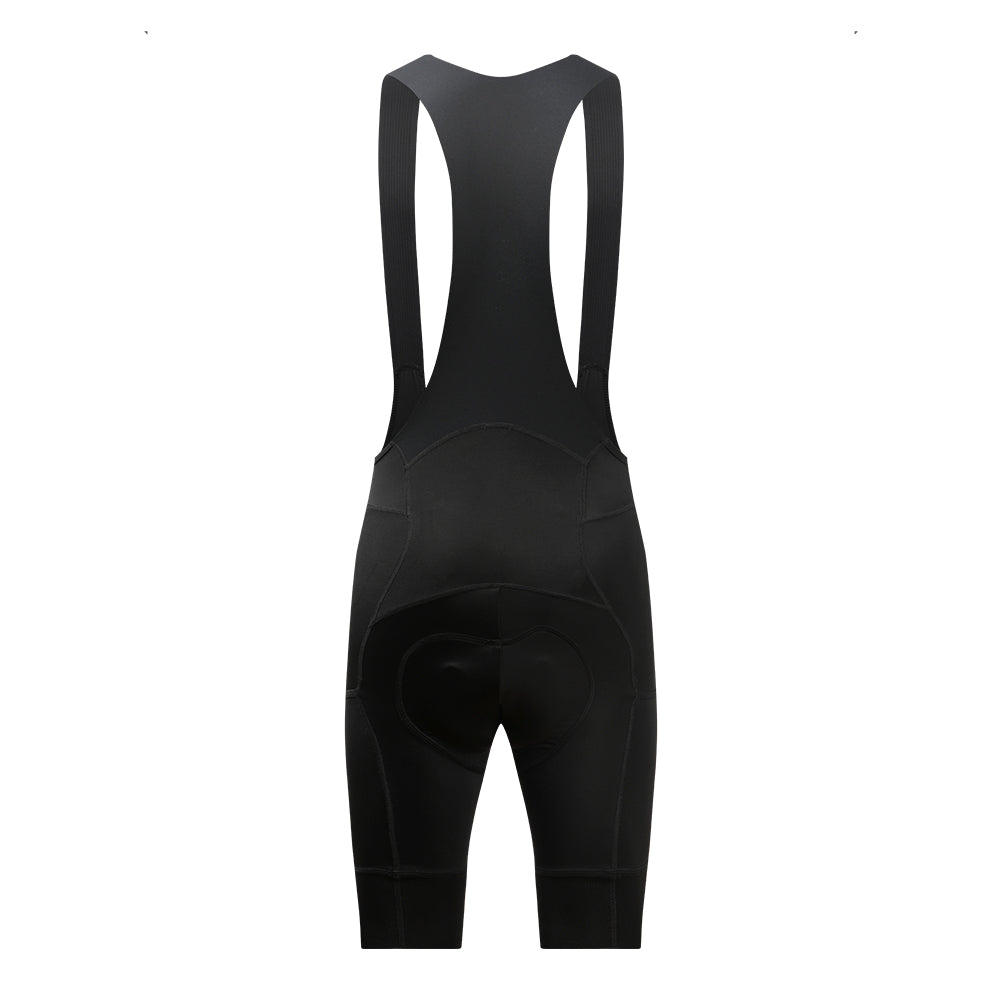 Back view of black men's Stealth cargo bib shorts with padded chamois.