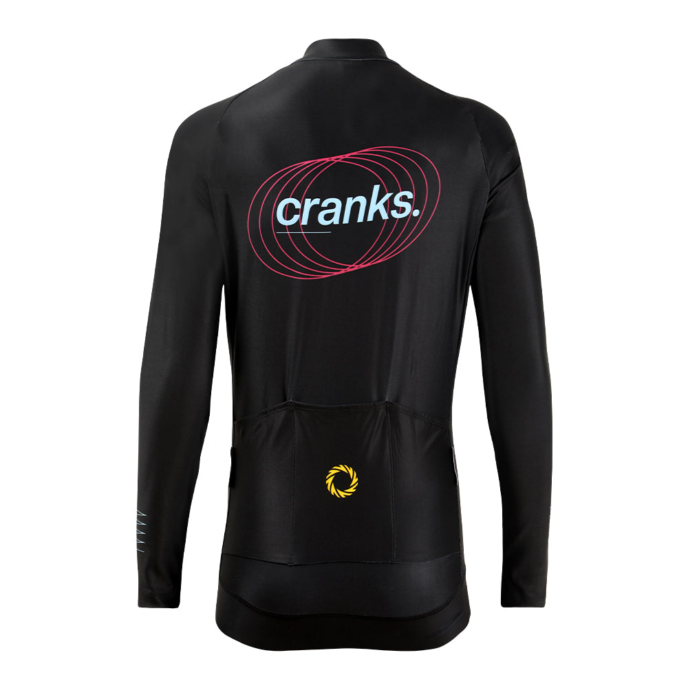 Back view of a black Pinnacle Thermal Jersey for women, with a pink and blue "cranks." logo and yellow emblem.