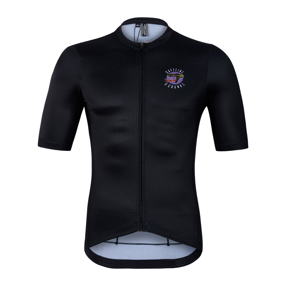 FRONT VIEW: Mens C&C Tattoo Series Skull Jersey, black with purple, green, and yellow skull logo.