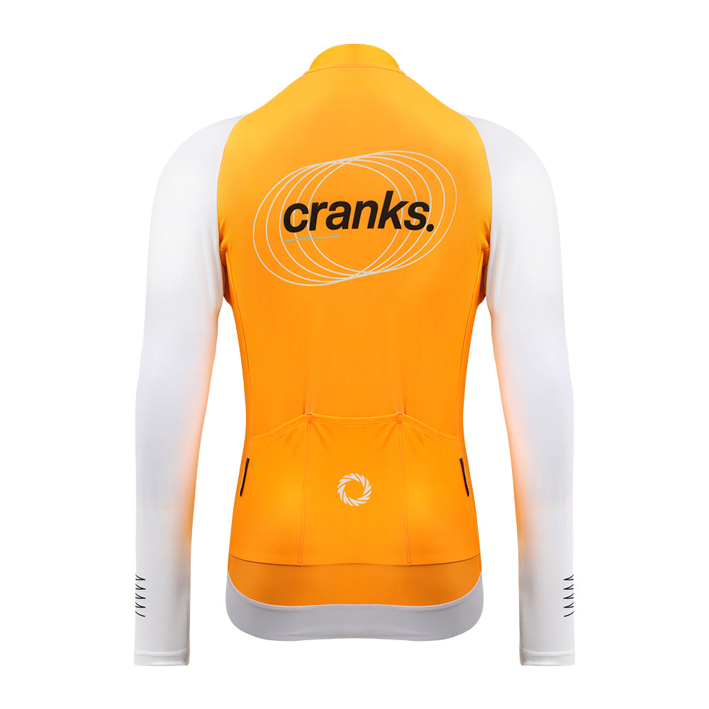 Back view of men's orange thermal cycling jersey with white sleeves and 'cranks.' logo.