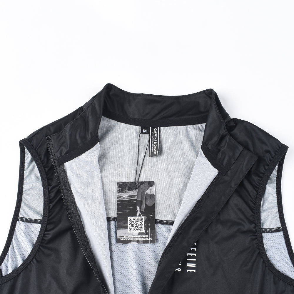 Close up of mens black C&C Core Gilet with grey mesh lining and zipper.