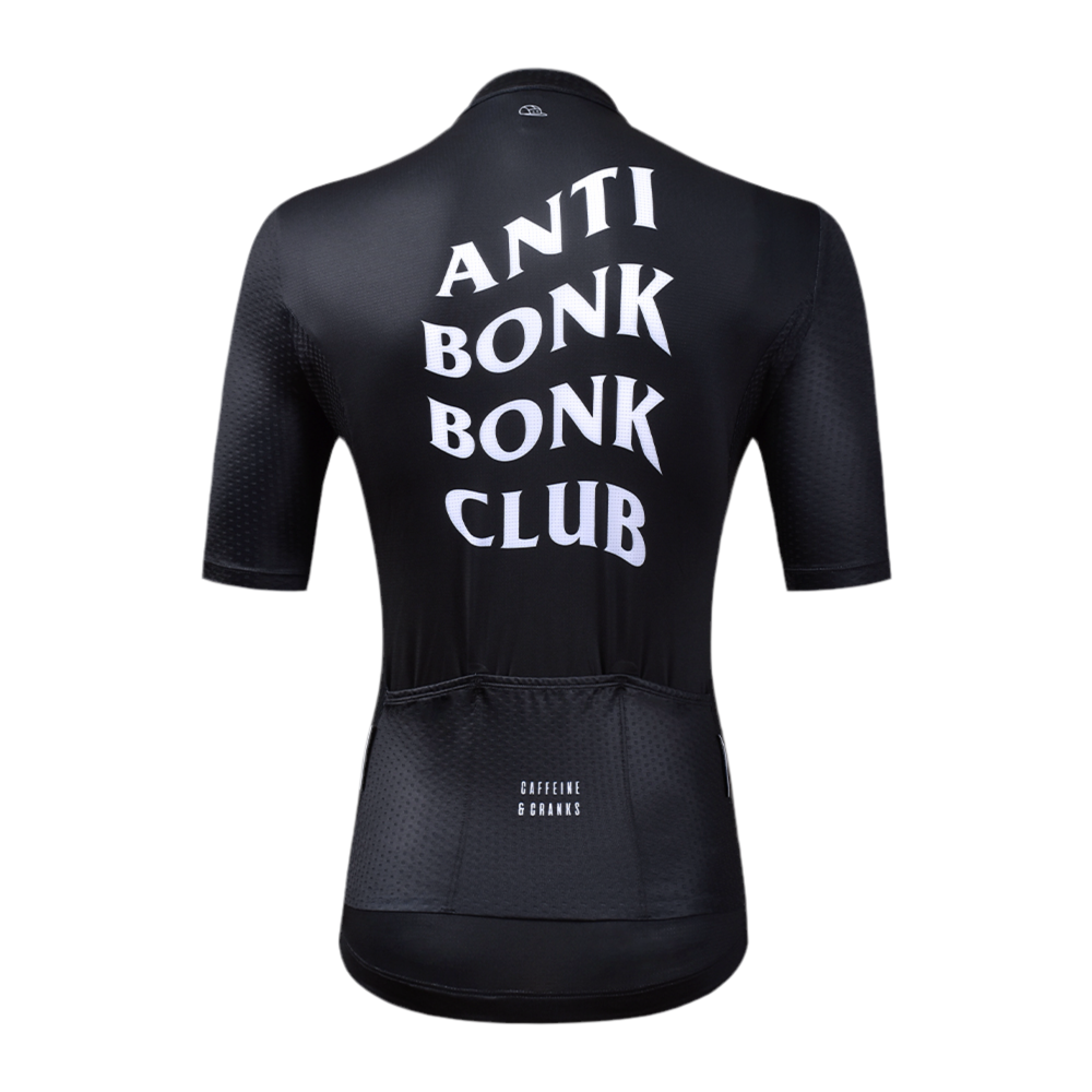 Back view of a men's black C&C Bonk Club cycling jersey with white text "ANTI BONK BONK CLUB".