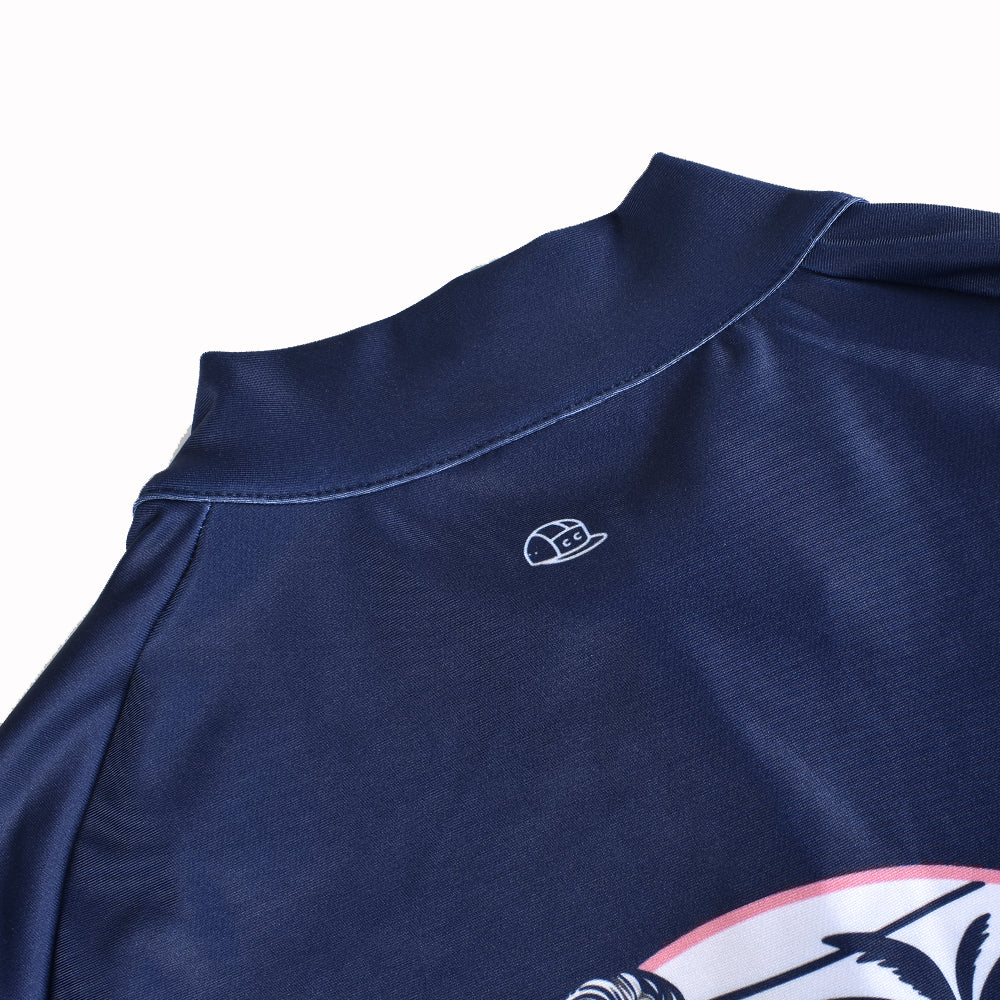 Close-up of navy C&C Pay Rego Thermal Jersey collar with embroidered logo.