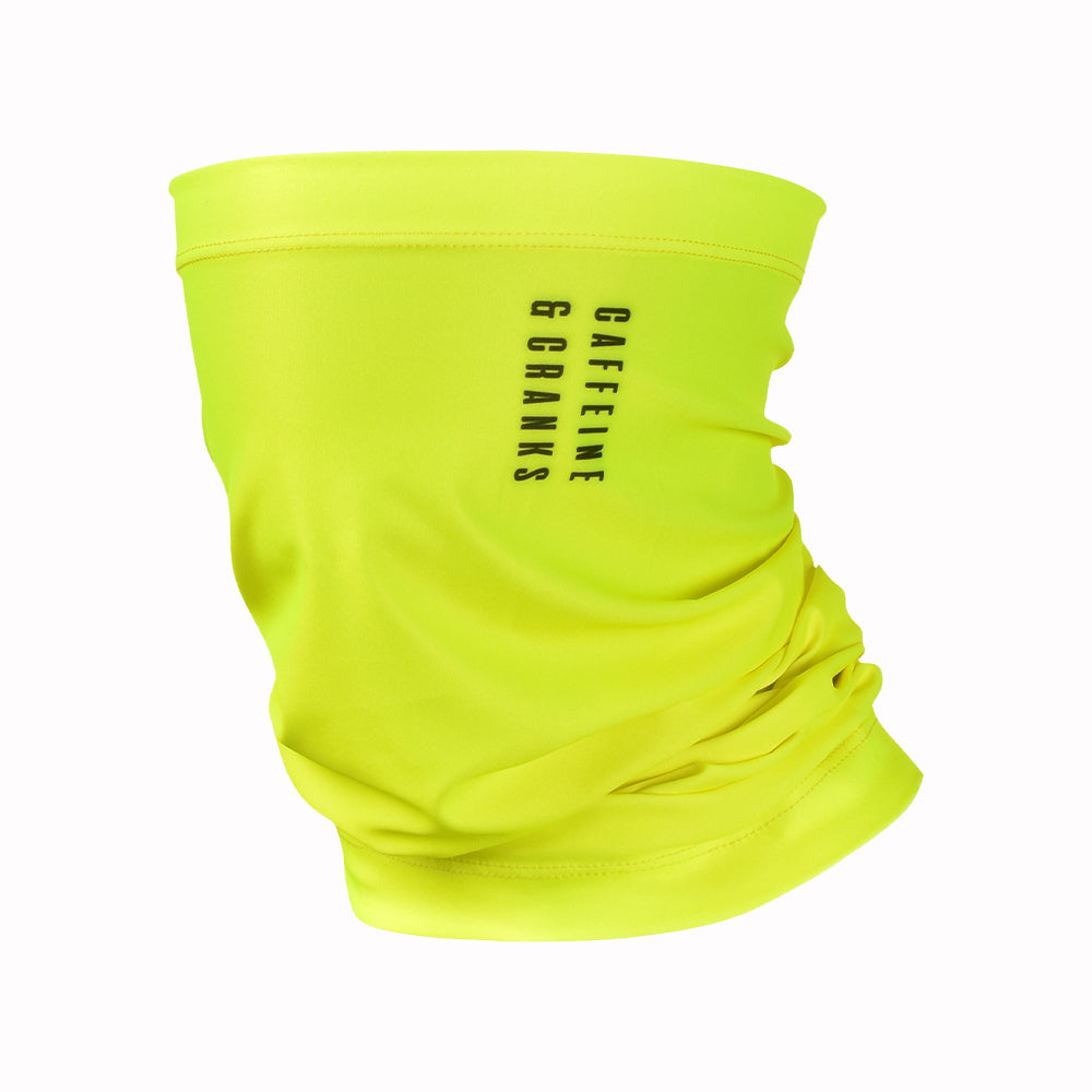 C&C neck warmer in bright fluorescent yellow with black "CAFFEINE & CRANKS" logo.