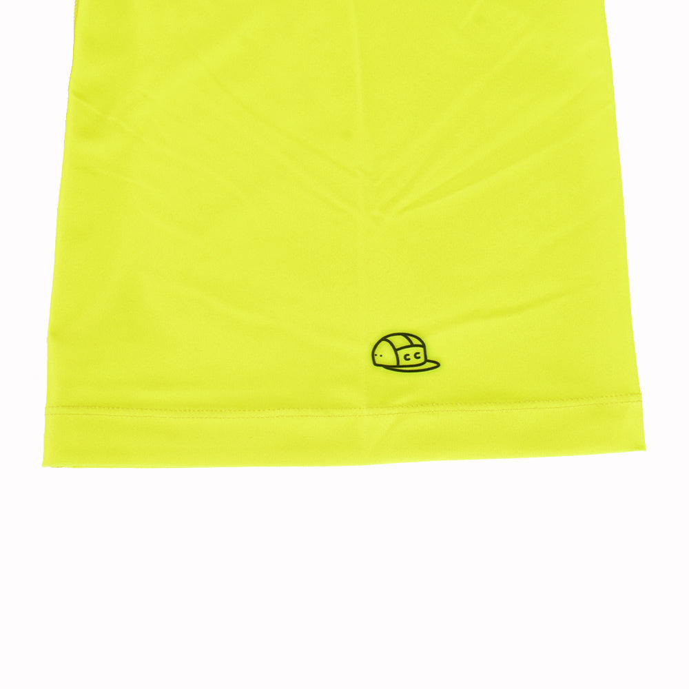 Close-up of a bright fluo yellow neck warmer with a C&C logo of a hard hat.