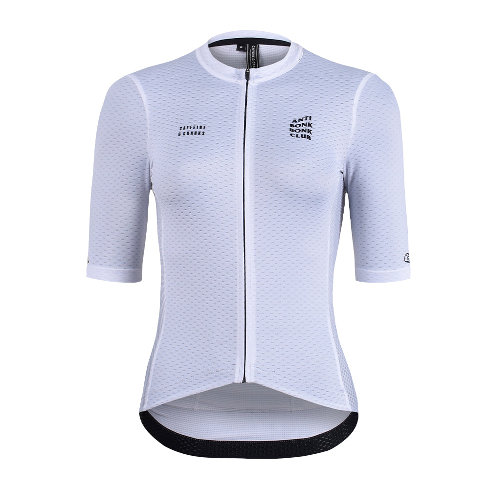 Front view of a white C&C Bonk Club women's cycling jersey with black logos and zipper.