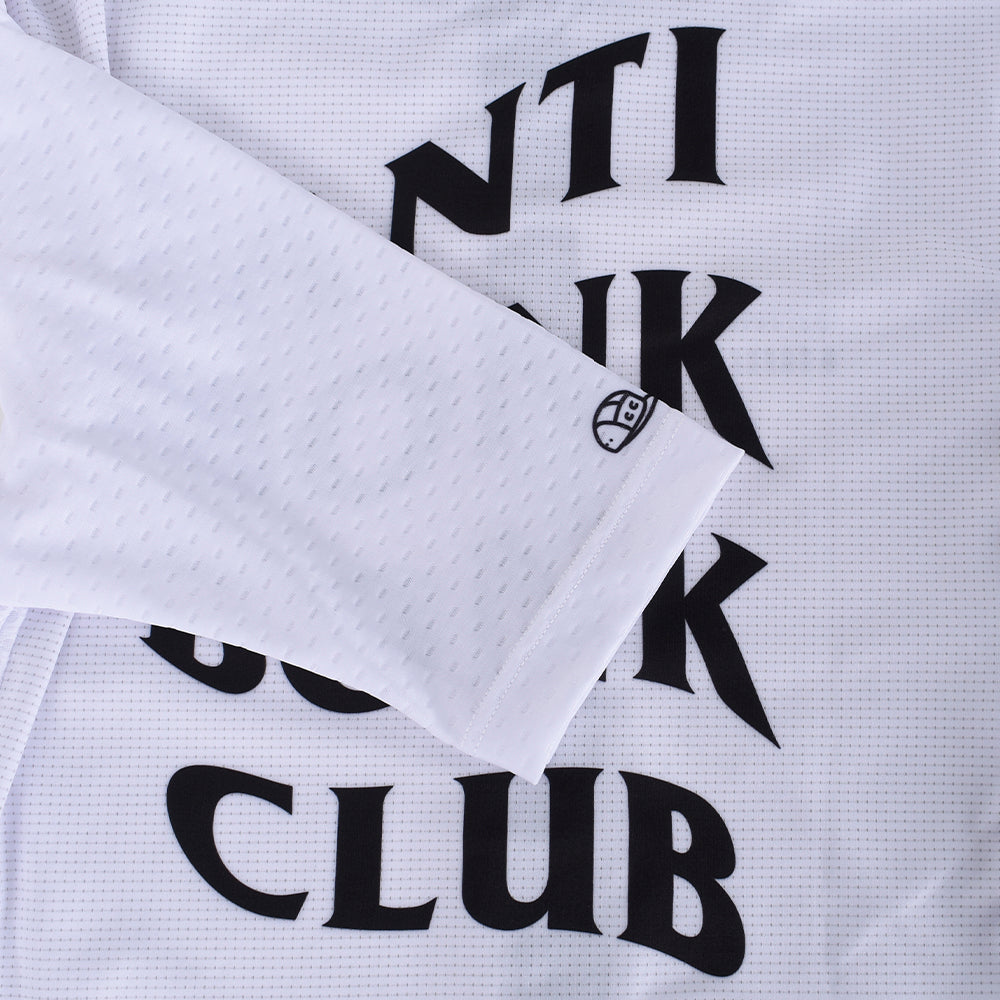 Close-up of C&C Bonk Club Jersey - Womens. White jersey with black text logo and subtle mesh.
