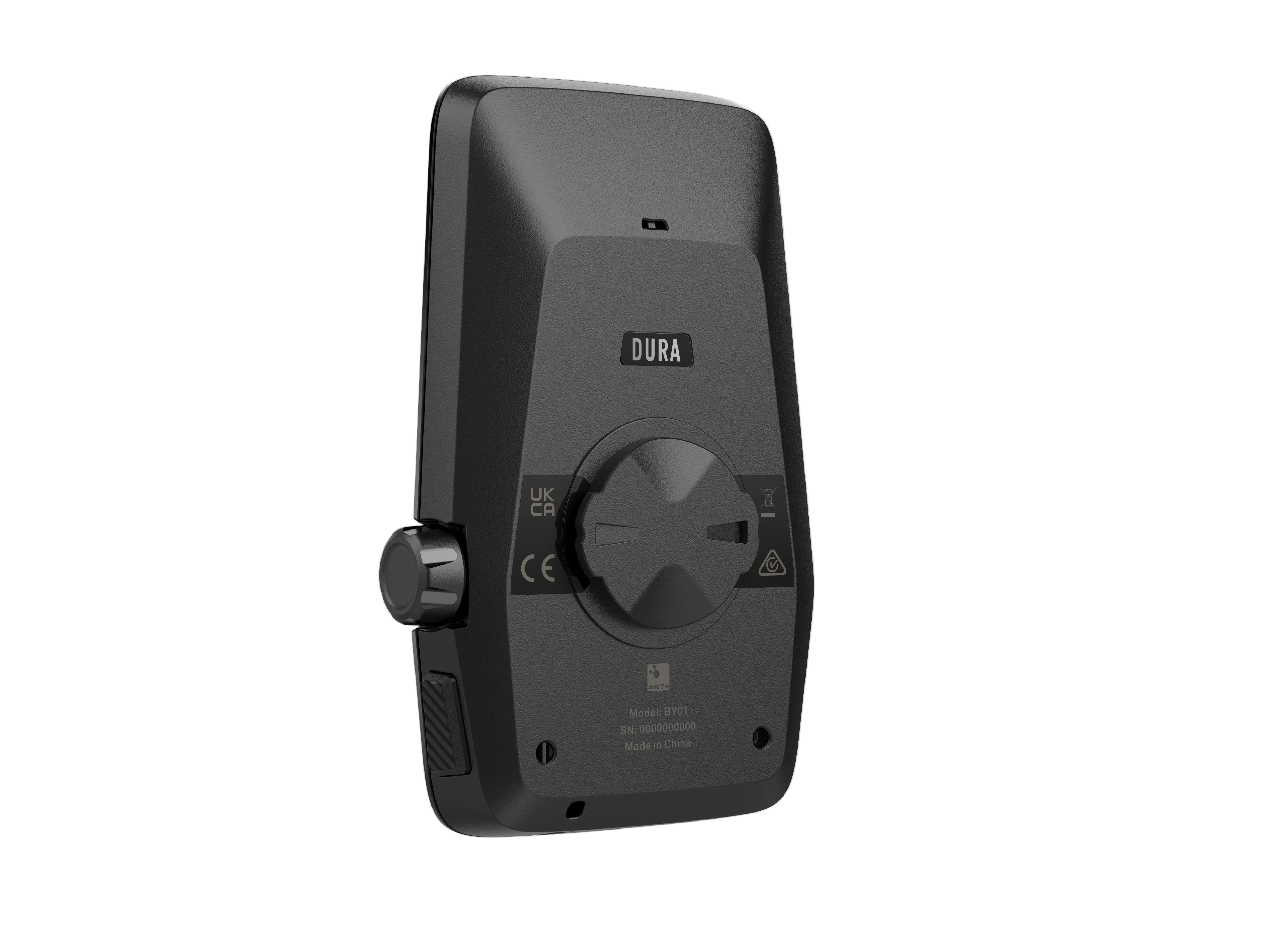 A black Dura-branded electronic device, likely a radar detector, shown from a three-quarters rear view on a solid white background.
