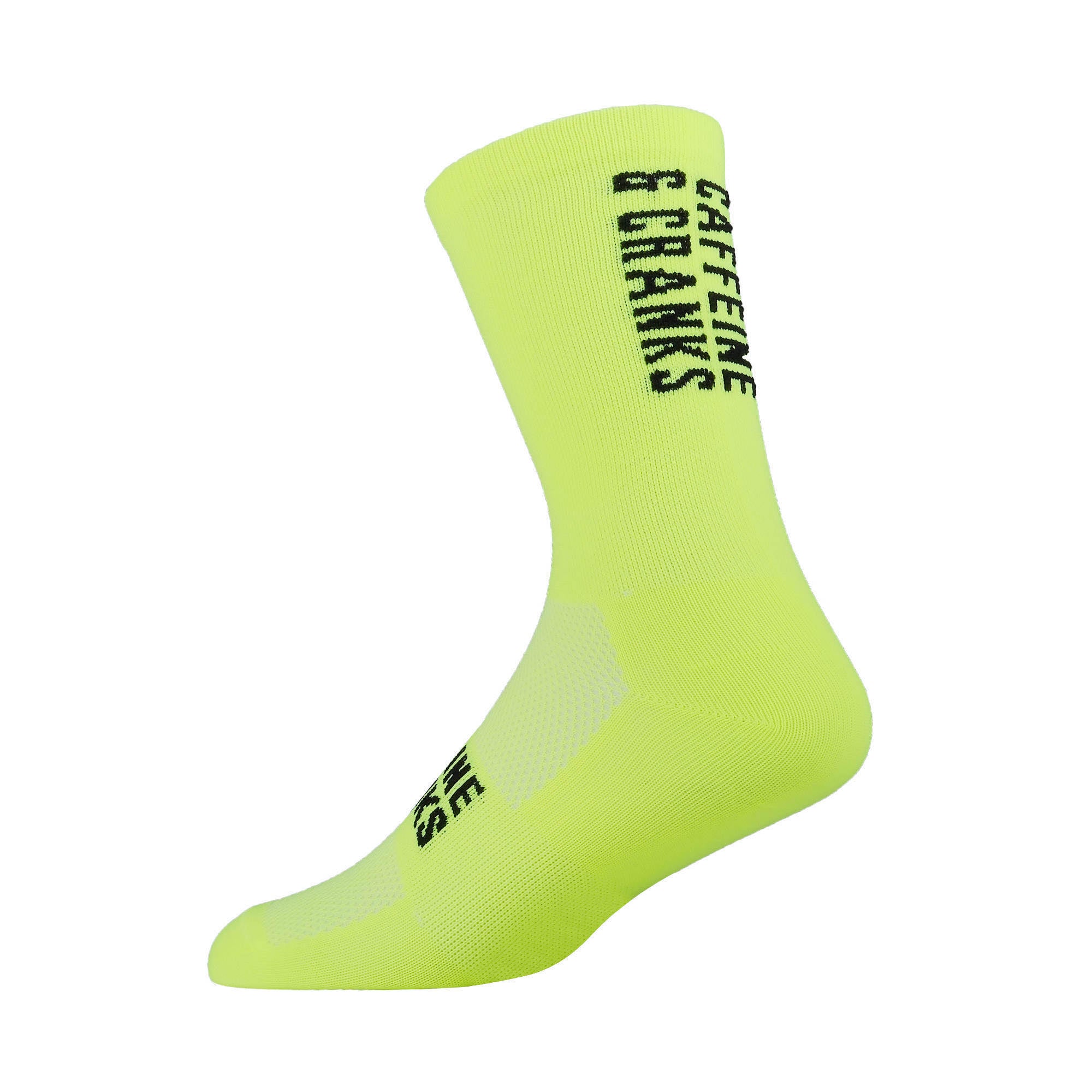 Close-up of a single C&C Socks cycling sock in bright fluro yellow with black "CAFFEINE & CRANKS" text.