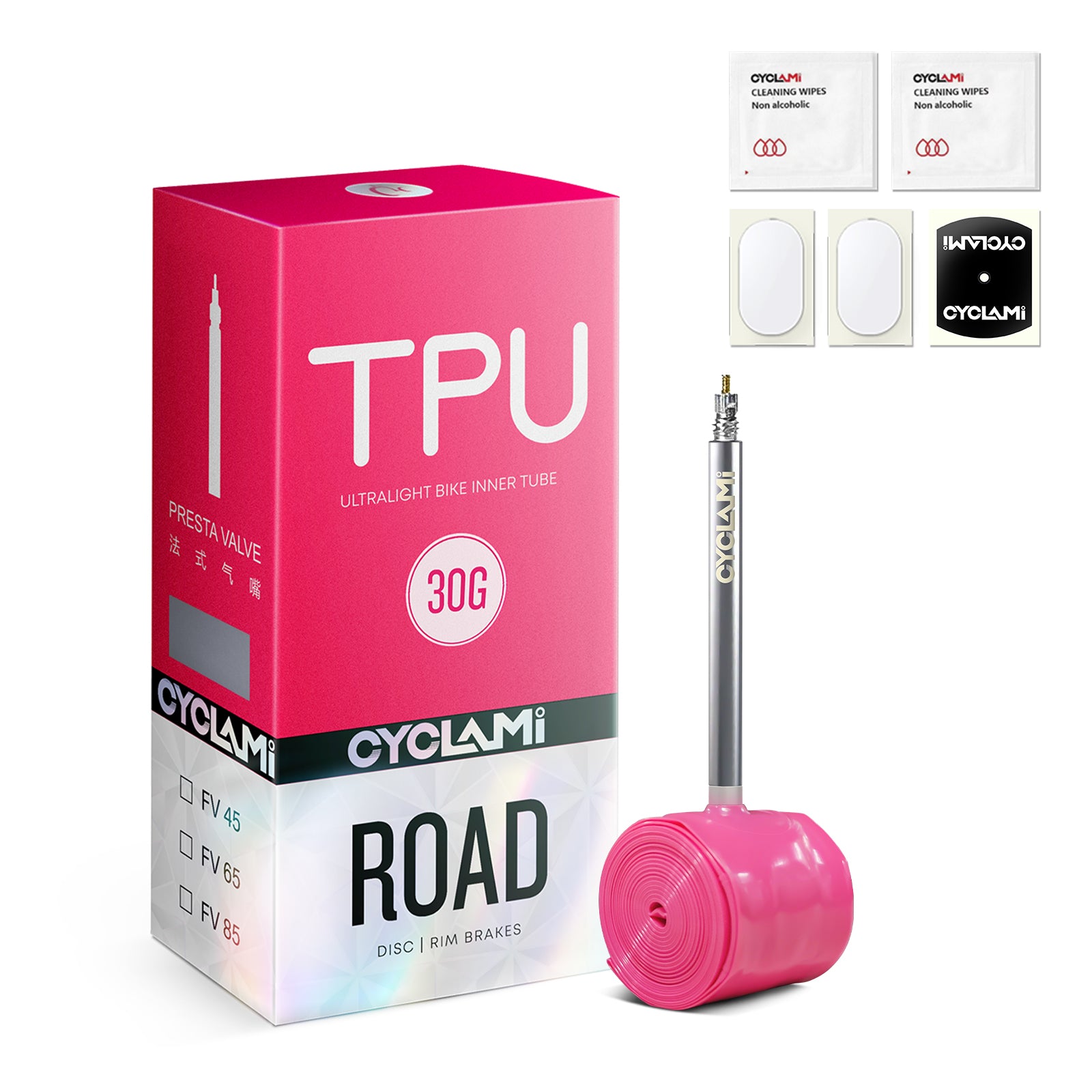 Cyclami TPU ultralight bike inner tube with packaging and accessories on a white background