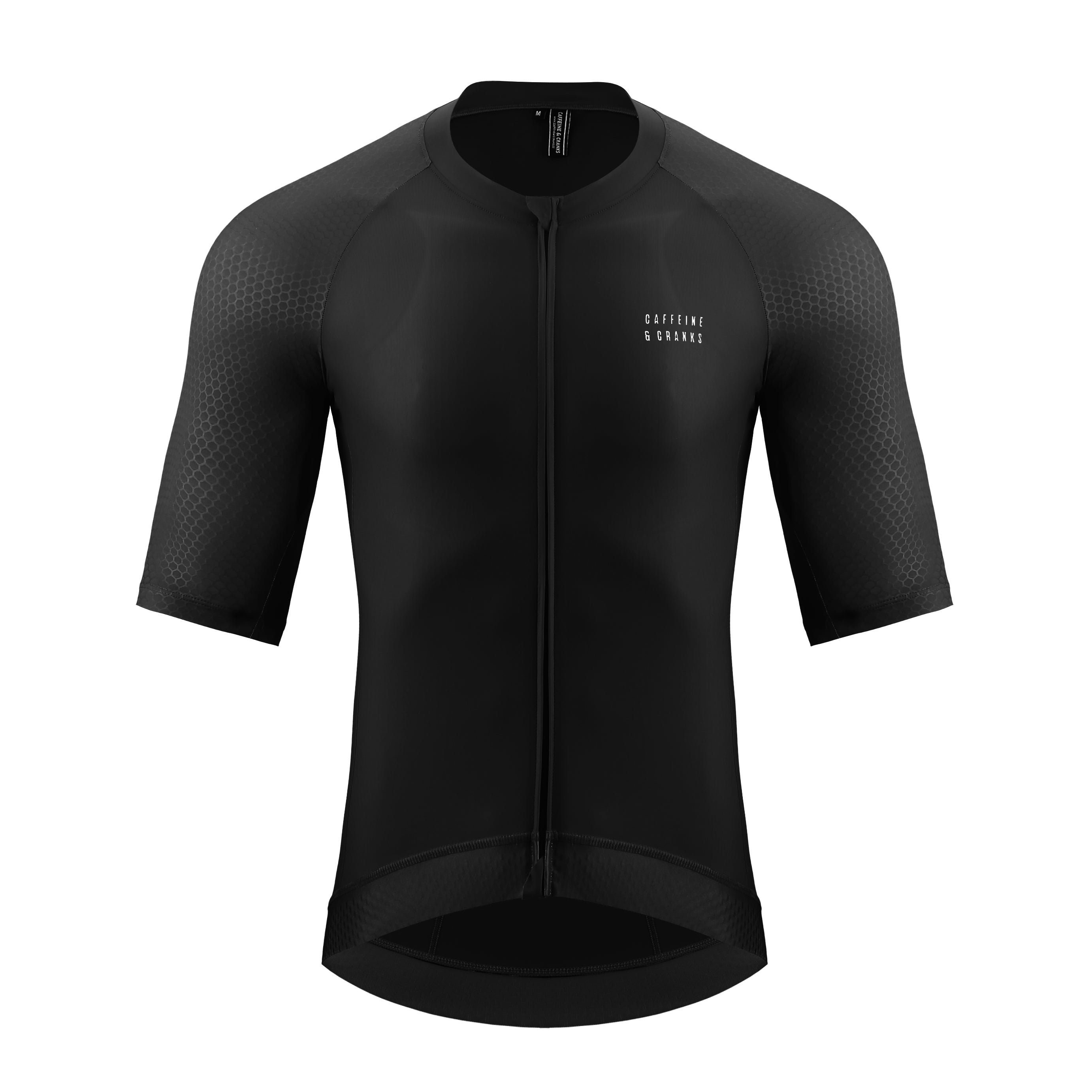 Front view of men's black Pinnacle cycling jersey with honeycomb pattern on sleeves & chest logo.