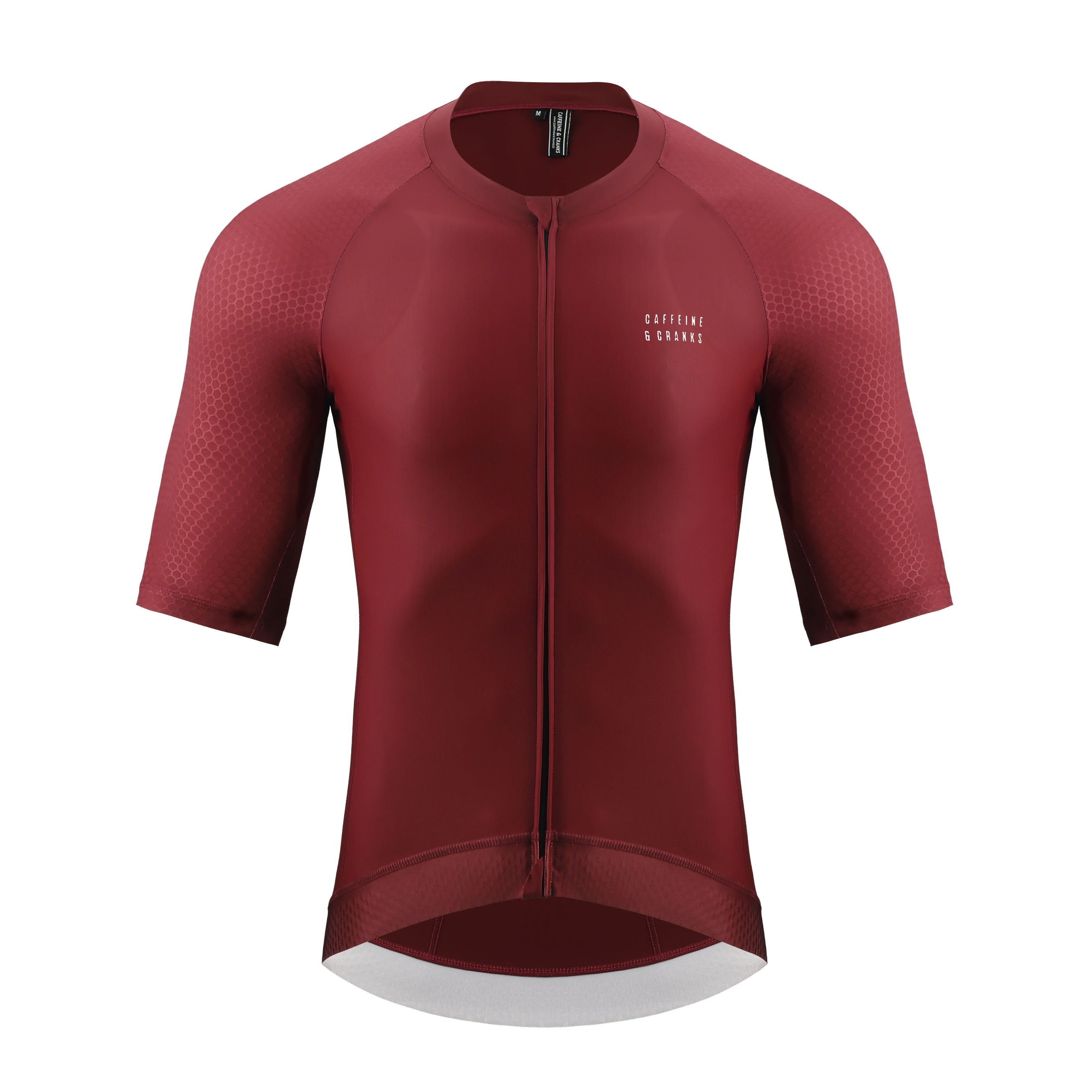 Front view of a wine-colored men's cycling jersey with hexagonal pattern on sleeves.