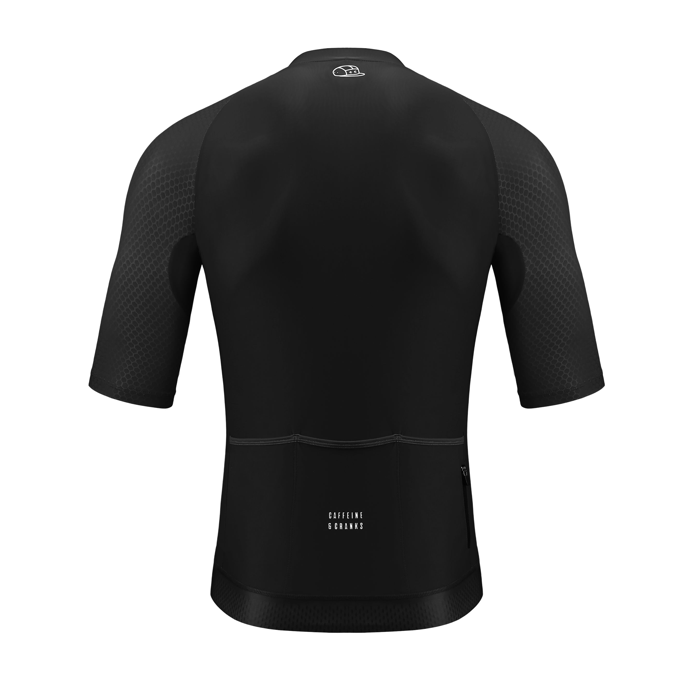 Back view of a men's midnight black Pinnacle cycling jersey with honeycomb sleeves & logo.