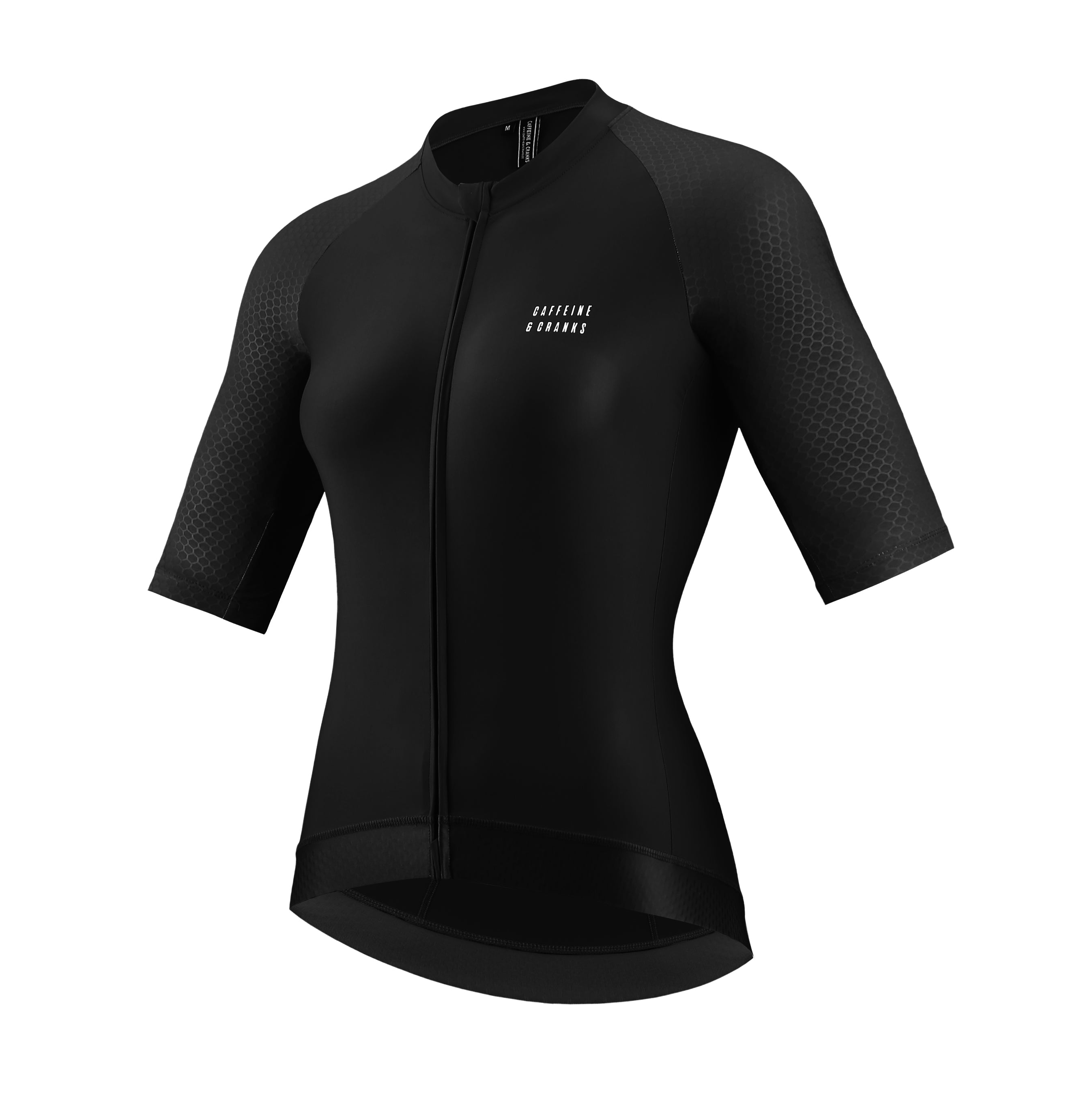 Womens black Pinnacle cycling jersey with honeycomb sleeve detail & white logo.