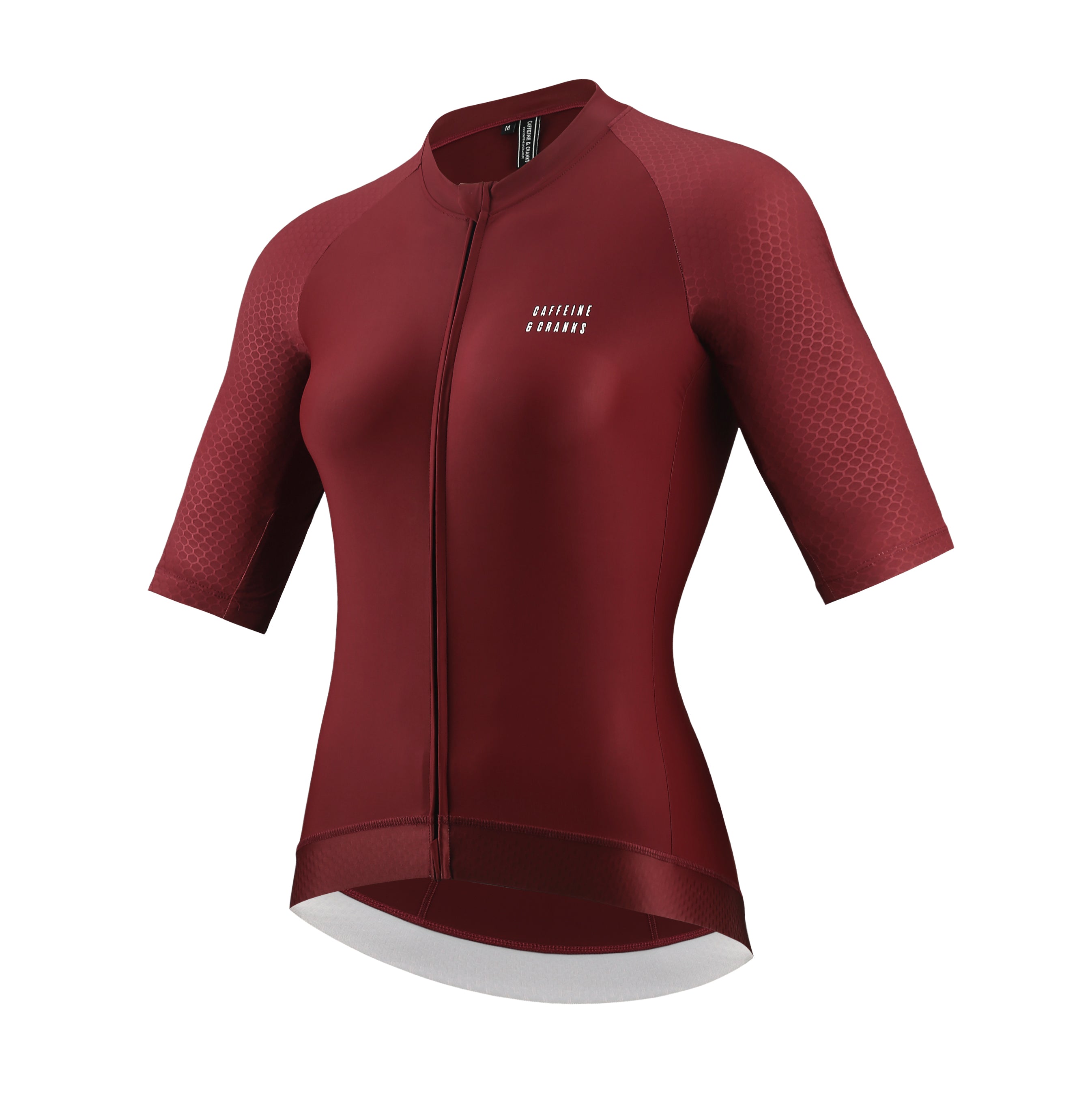 Women's wine red Pinnacle cycling jersey with honeycomb pattern sleeves and white logo.