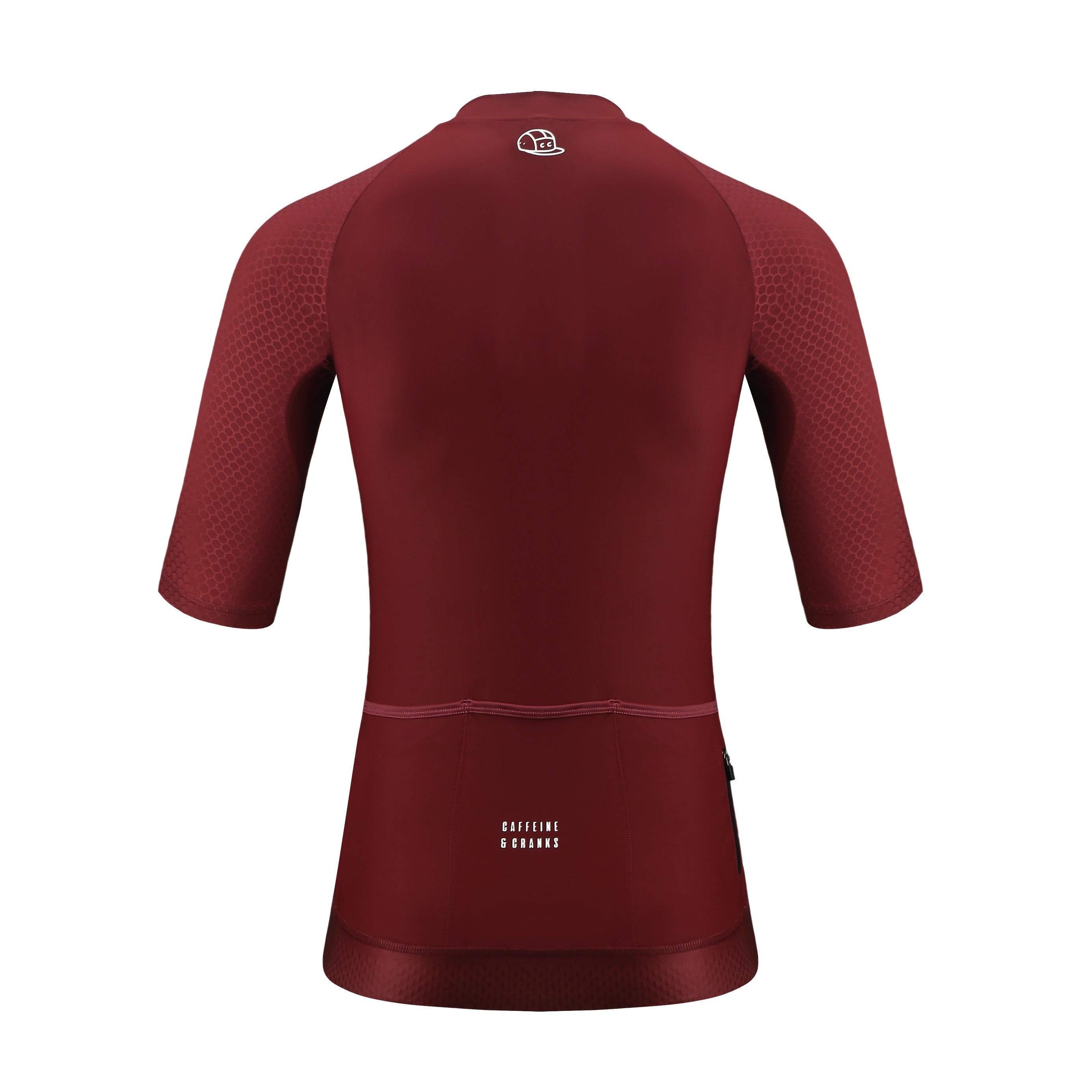 Back view of women's wine jersey with honeycomb sleeves and white logo.