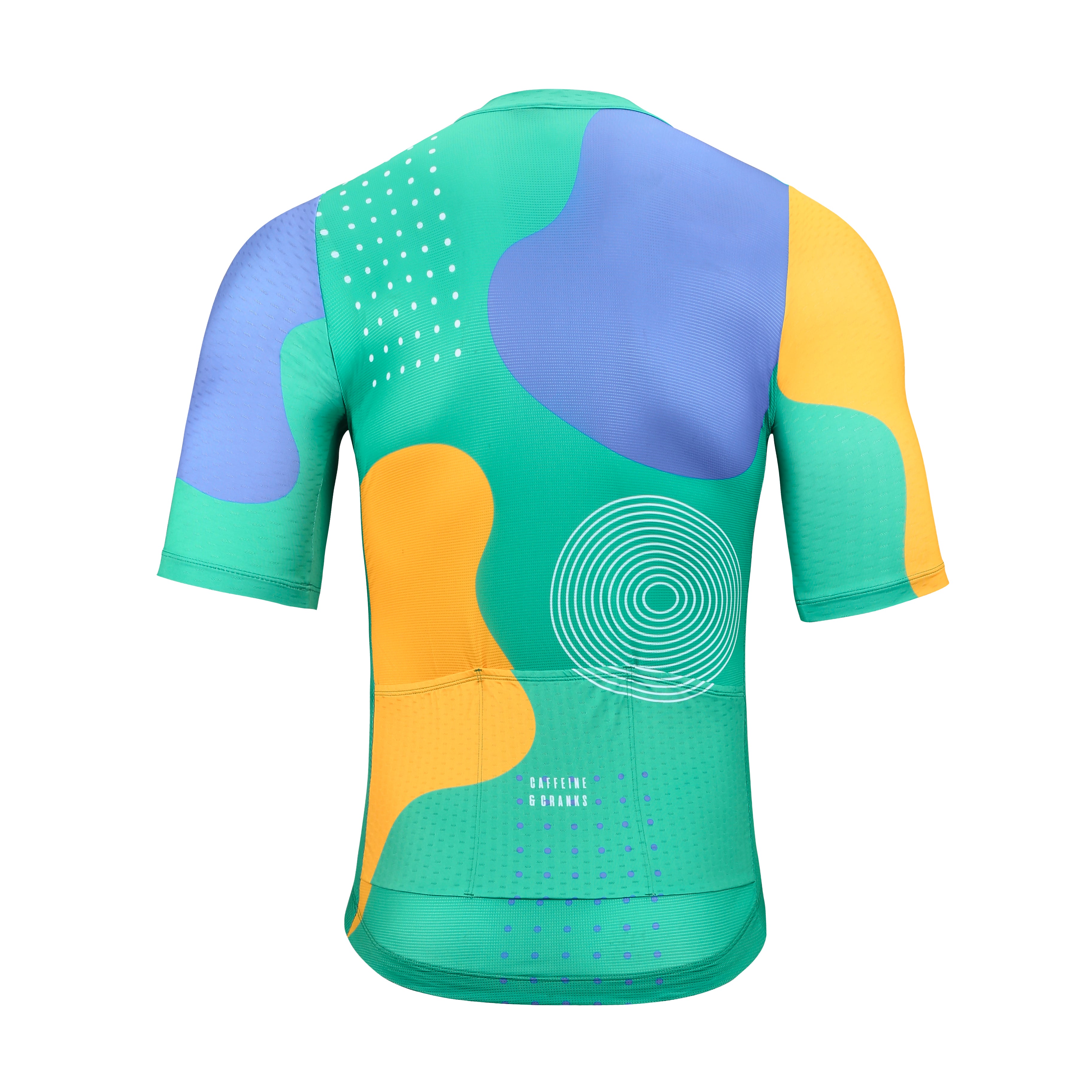 Back view of C&C Memphis jersey in green with blue, yellow, and white abstract shapes & dots.
