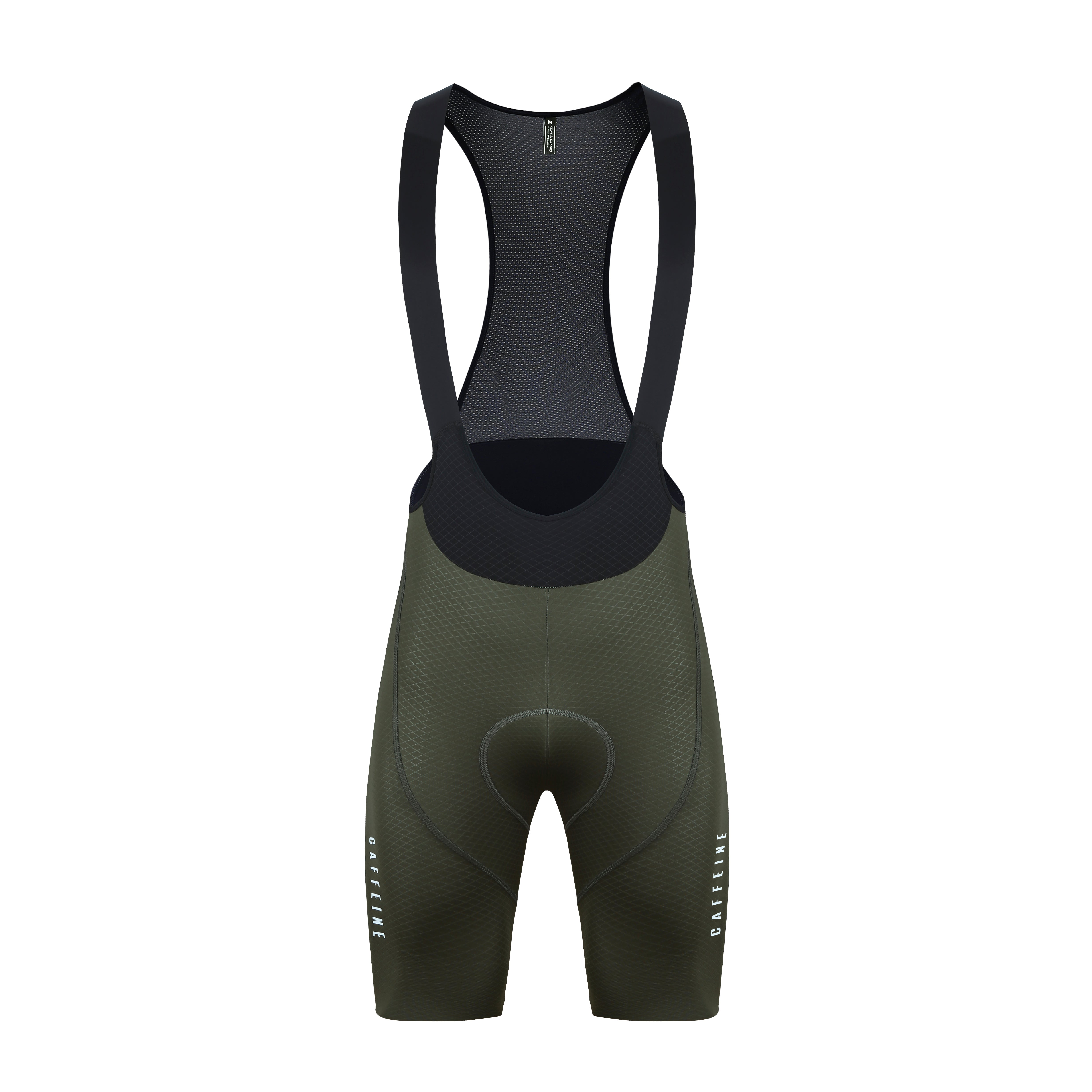 Front view of women's Olive Pinnacle bib shorts with black mesh back and straps.