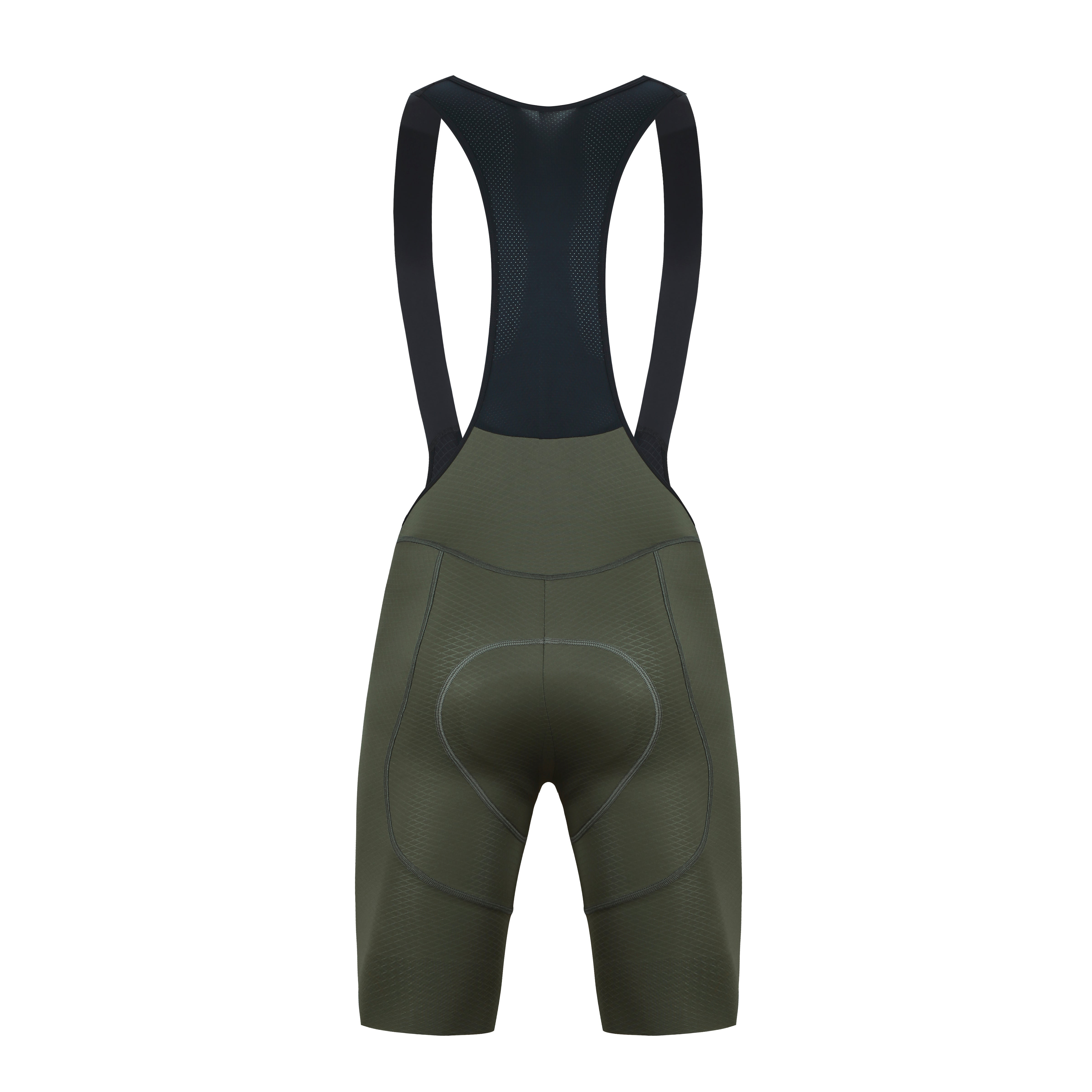 Front view of men's olive green bib shorts with black mesh straps and textured fabric.