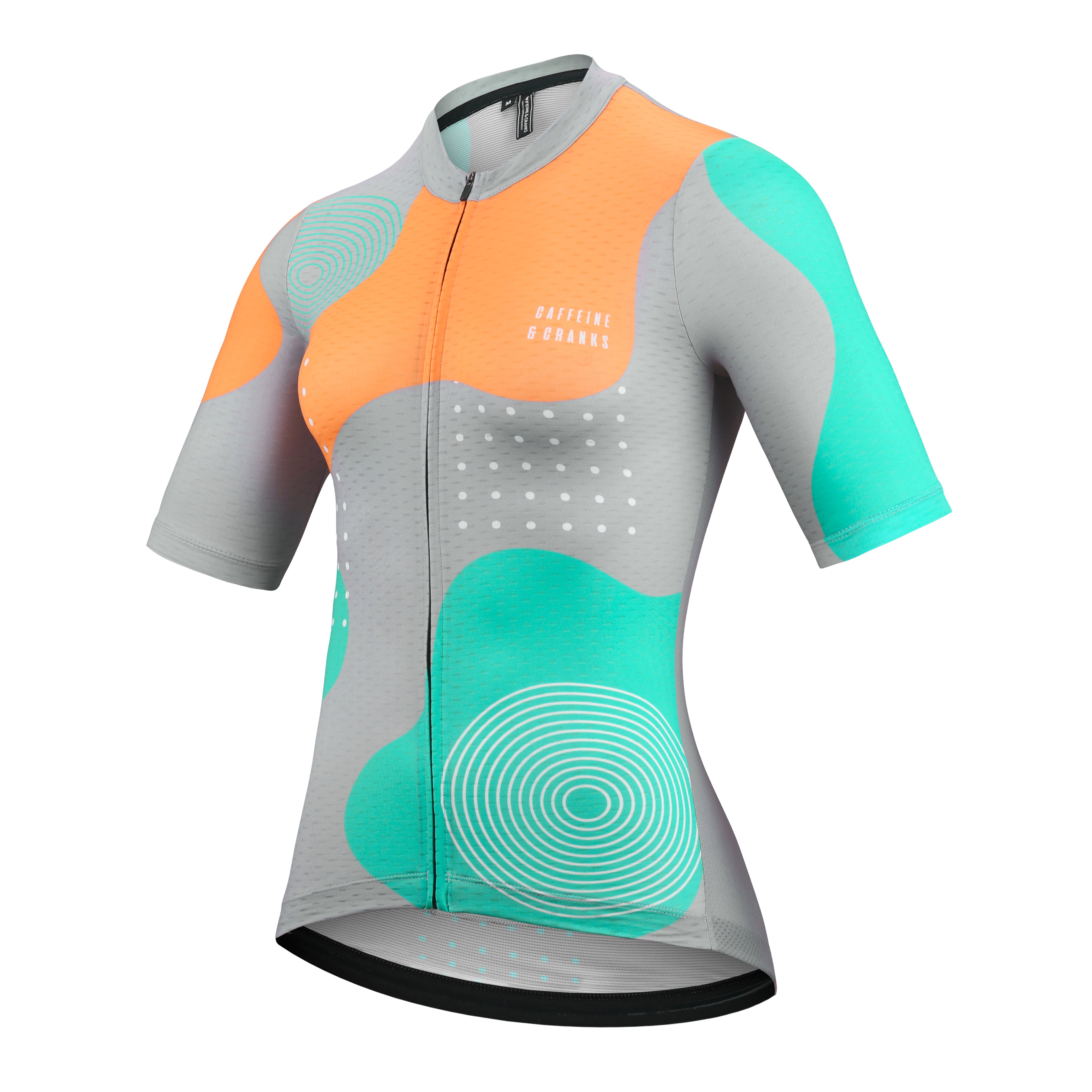 Women's C&C Memphis Light Jersey: Grey with orange & teal abstract pattern, white circles & swirls.