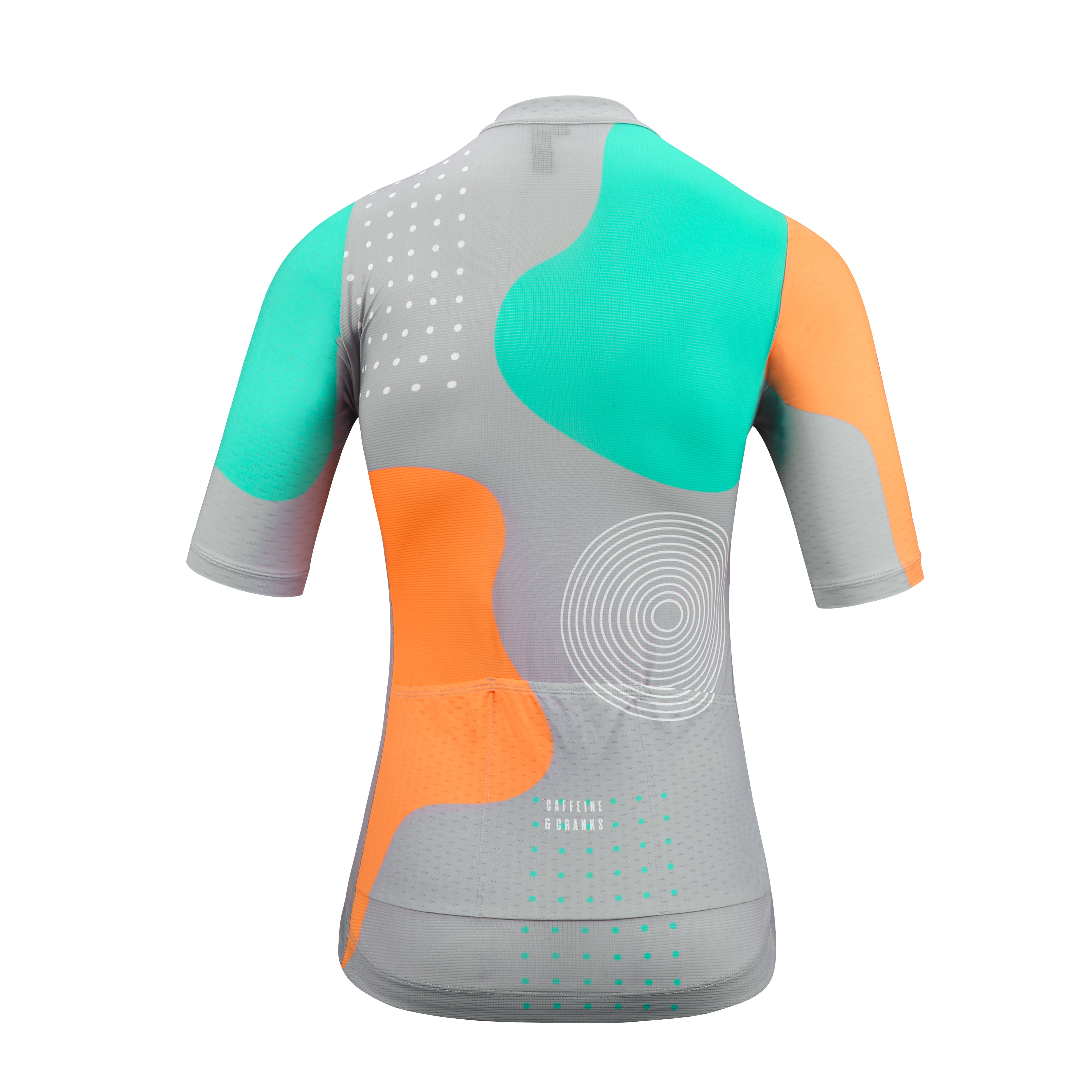 Back view of C&C Memphis Light Jersey - Womens, gray with orange, teal, white dots & circles.