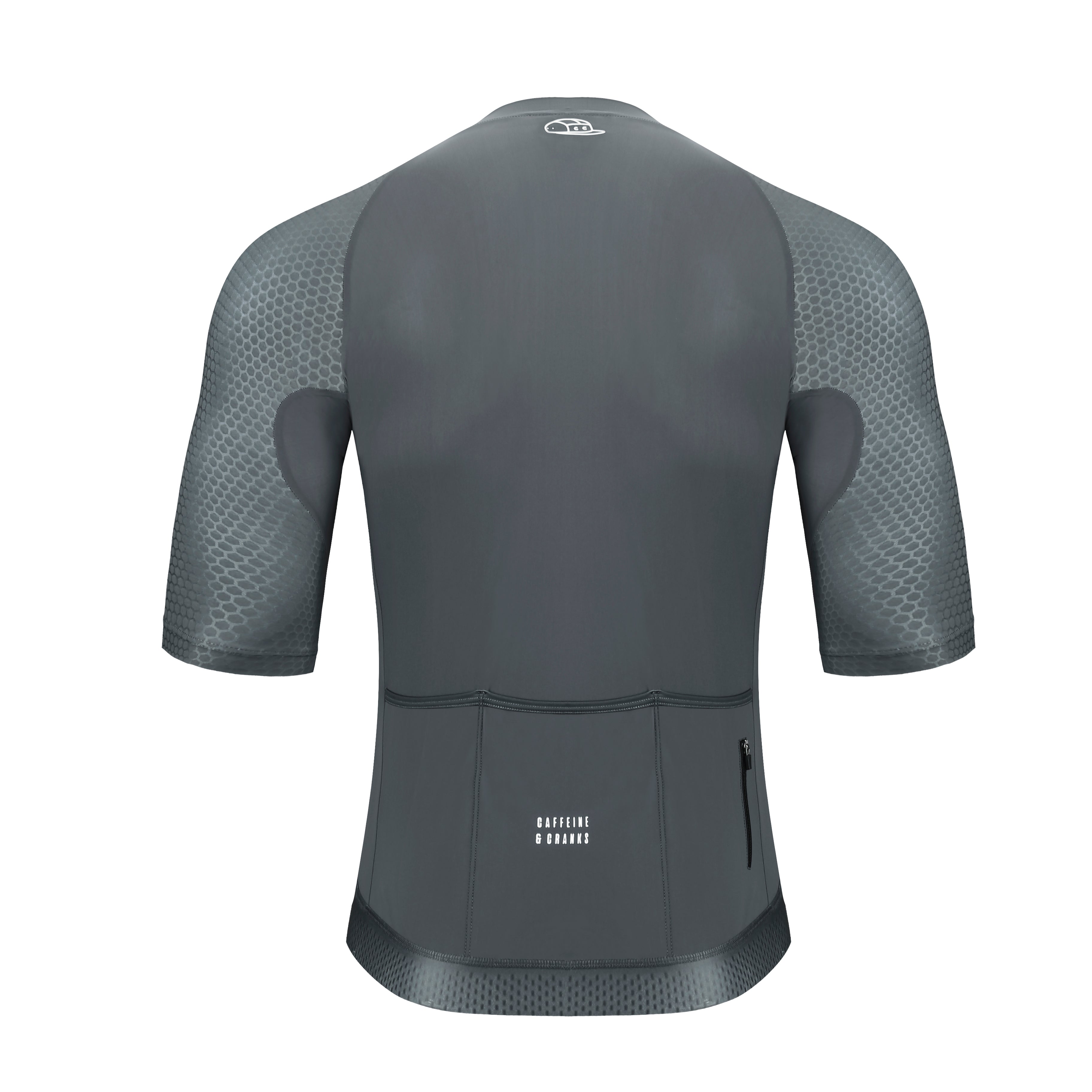 Back view of men's slate gray cycling jersey with honeycomb sleeve pattern and three pockets with zip.