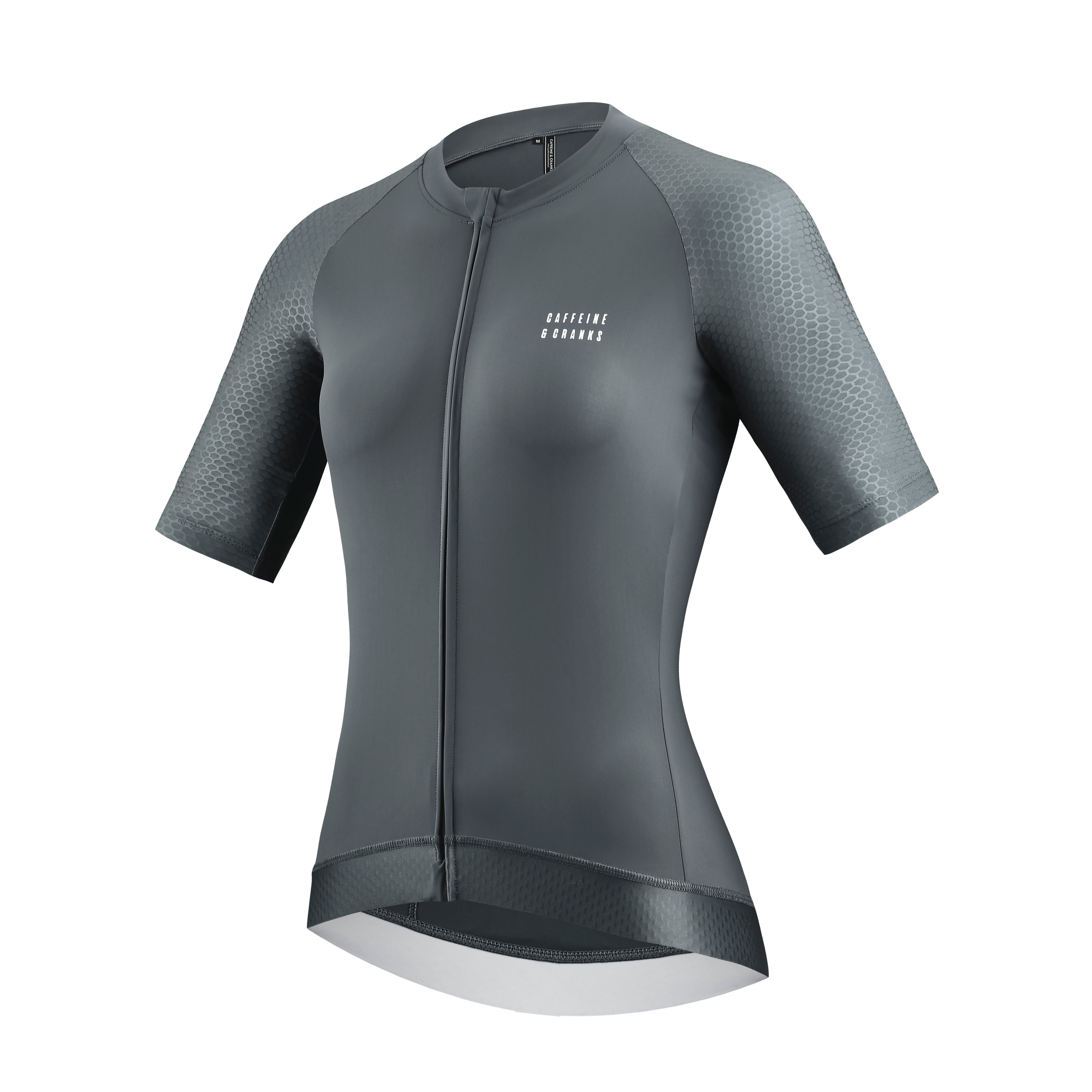 Front view of the slate grey women's Pinnacle jersey with textured sleeves and hem.