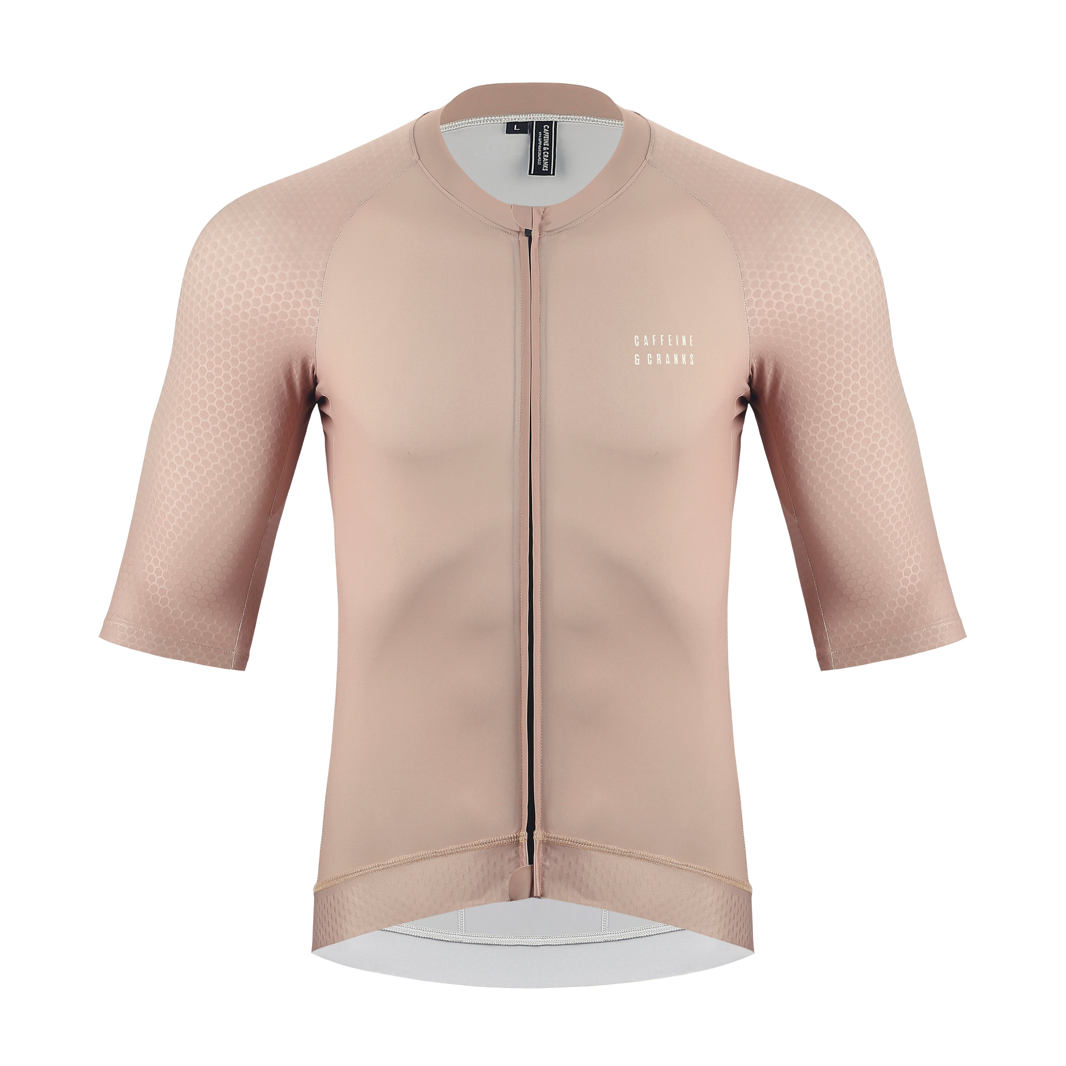 Front view of men's Pinnacle Jersey in clay color with honeycomb texture on sleeves.