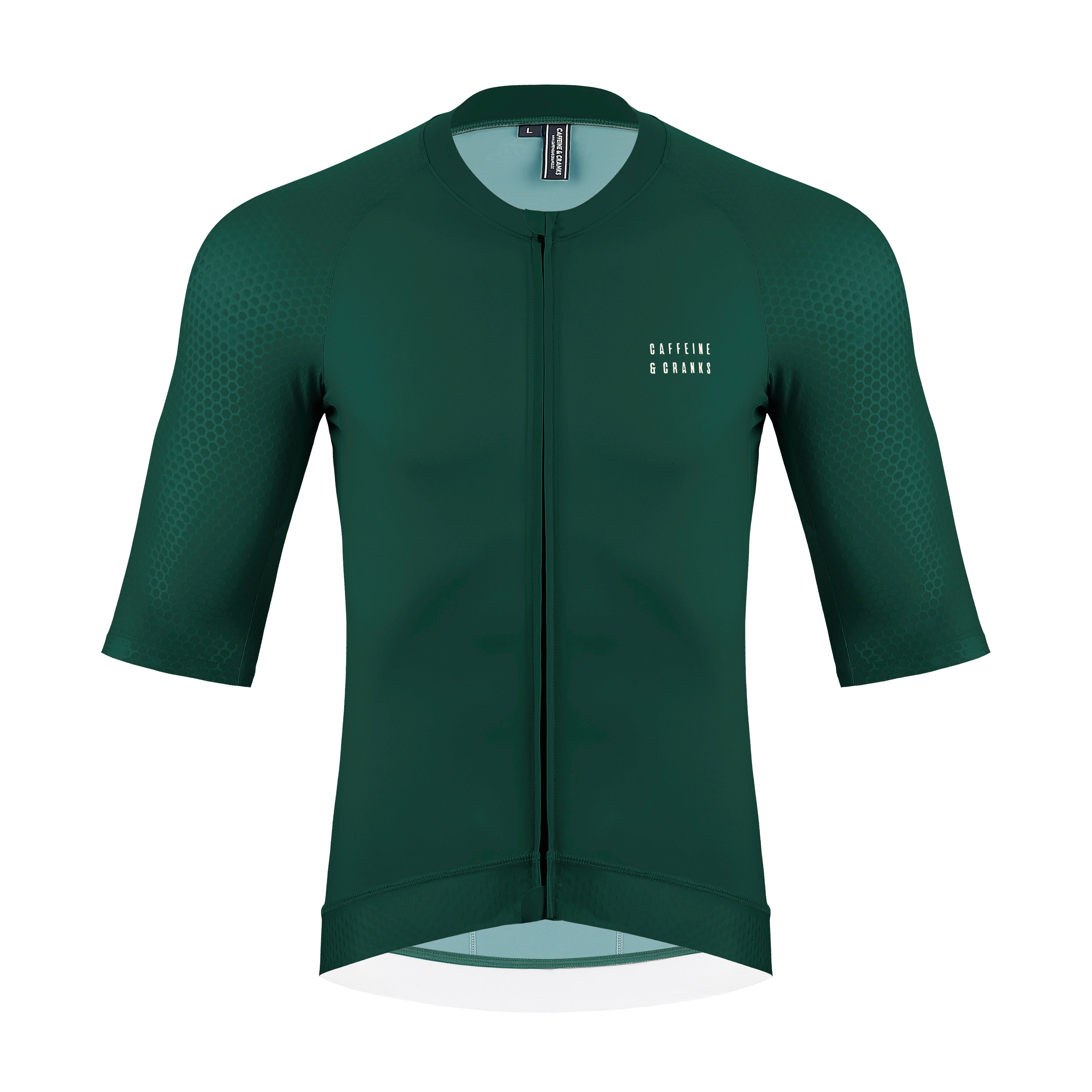 Front view of a men's forest green Pinnacle cycling jersey with honeycomb sleeve texture & white logo.